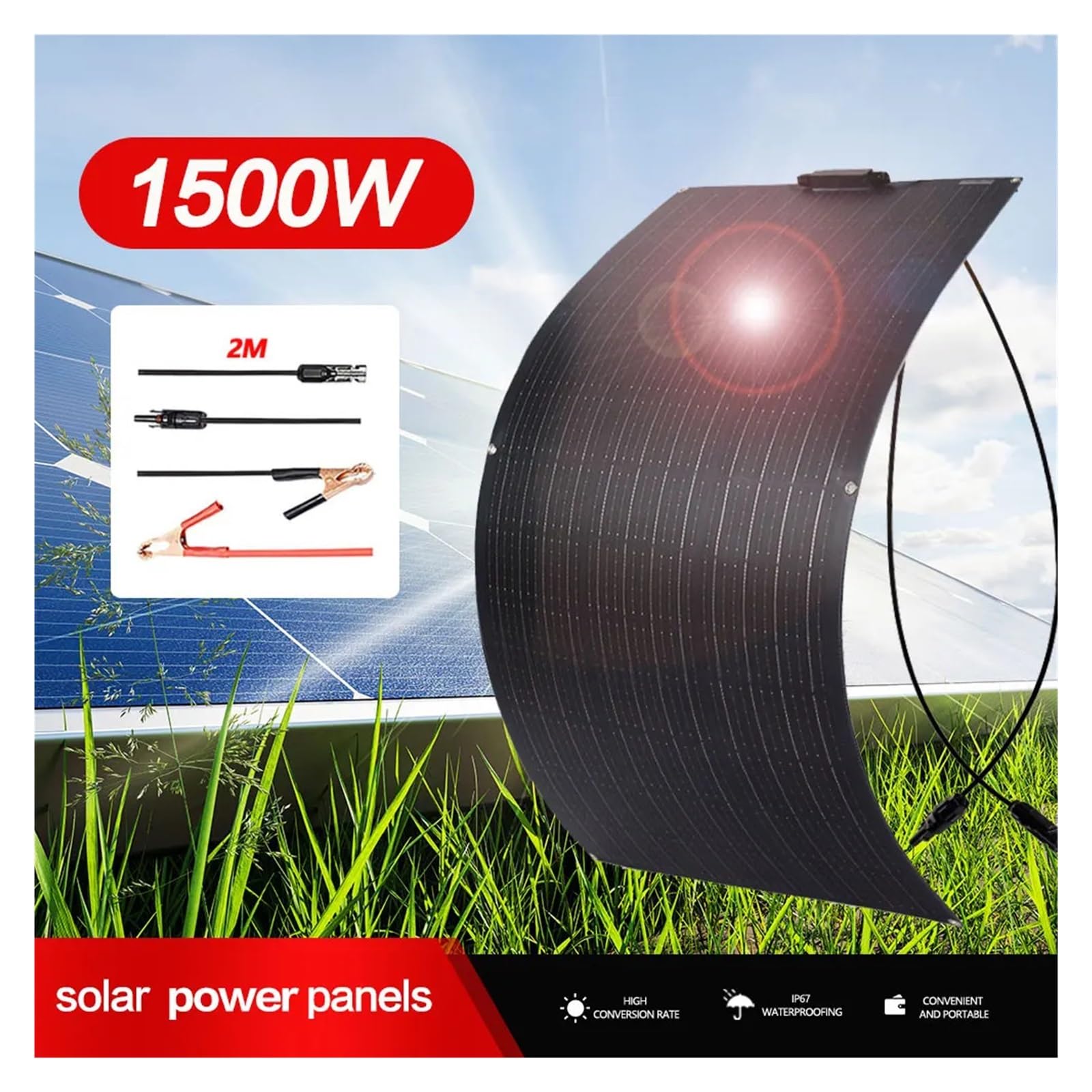 Pannello Solare Flessibile da 3000 W Caricabatteria da Esterno 12 V Kit di Celle Solari da Turismo da 1500 W for Telefono di Casa Yacht da Campeggio(2PC-3000W)