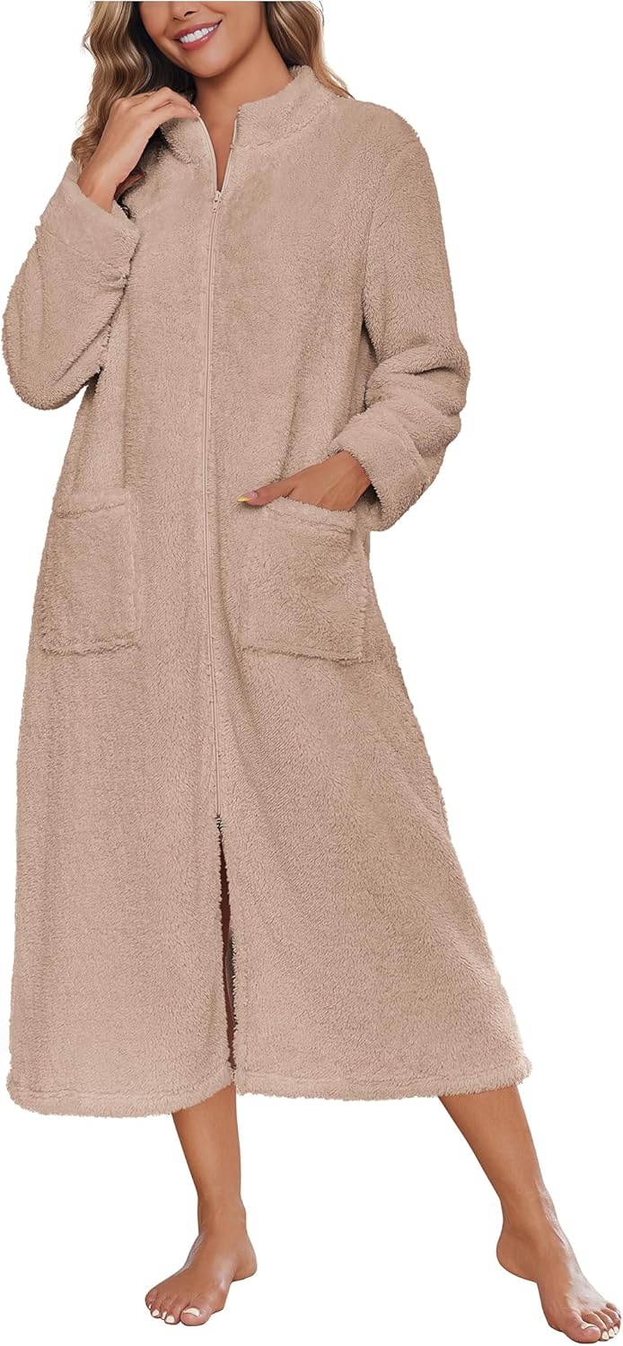 Ekouaer Women Zipper Robe Fleece Long Sleeves Bathrobe Sleepwear Warm Soft Housecoat with Pockets Zip Up House Dresses - Image 2