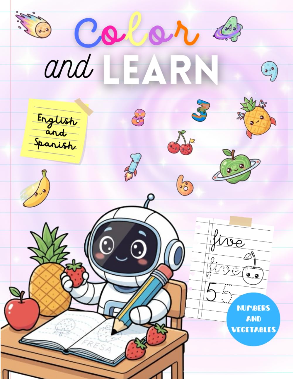 Color and Learn: NEW: Vegetables and Fruits: Handwriting practice for kids | Numbers, calligraphy, food, vegetables and fruits | Spanish and English: ... book | Learn to write (English Edition)