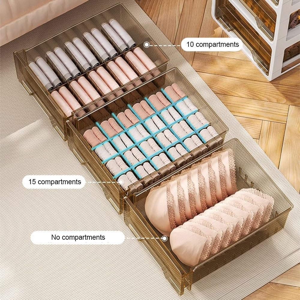Organiseur de tiroir en plastique transparent pour vêtements, boîte de rangement empilable pour chaussettes, soutiens-gorge, sous-vêtements, accessoires, cravates et écharpes, design à 2 niveaux