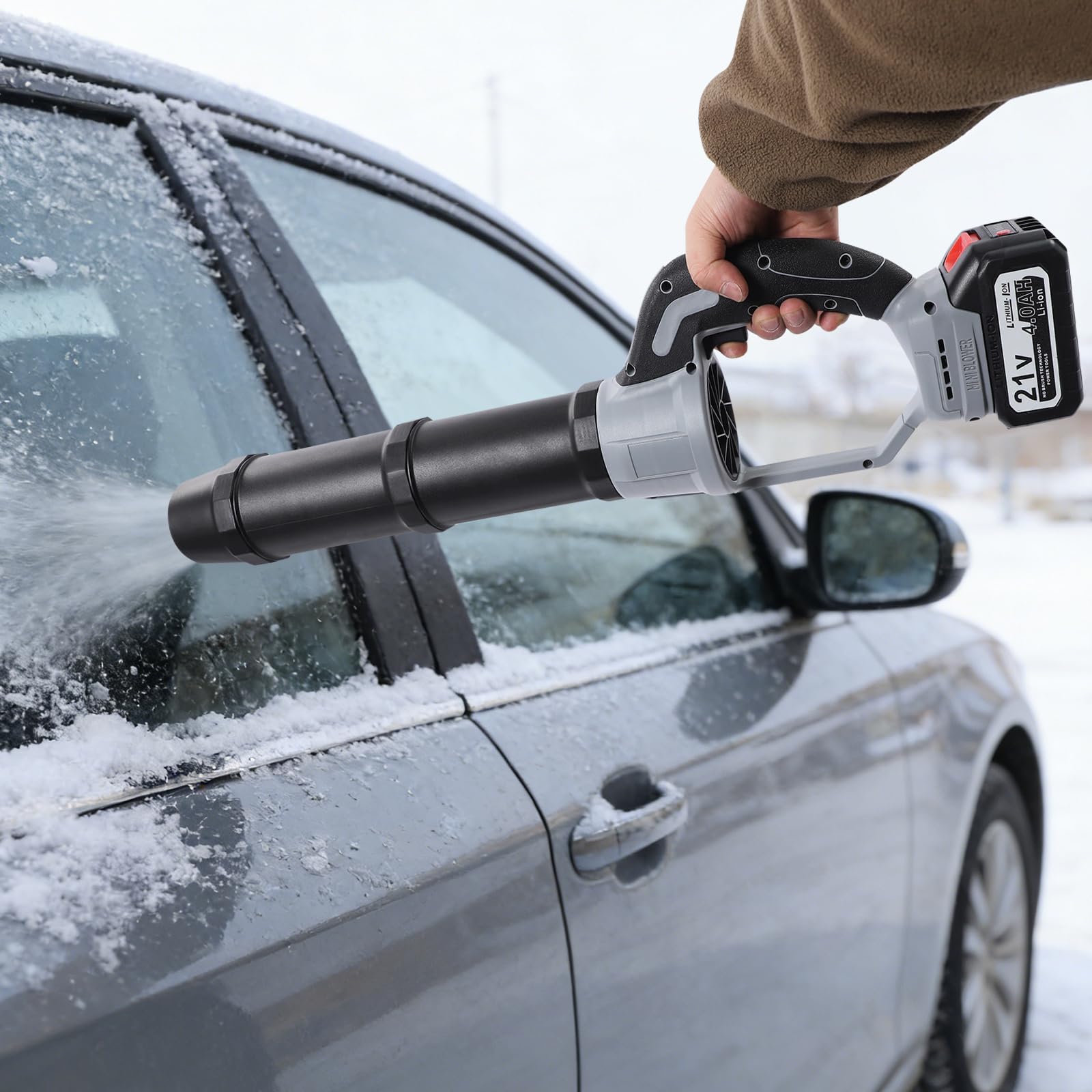 Soffiatore a batteria da 21 V con motore a spazzole, spina UE, velocità del vento 50 m/s, soffiatore in plastica in nero e grigio, assemblabile, per foglie, polvere, acqua e neve sottile, ideale per