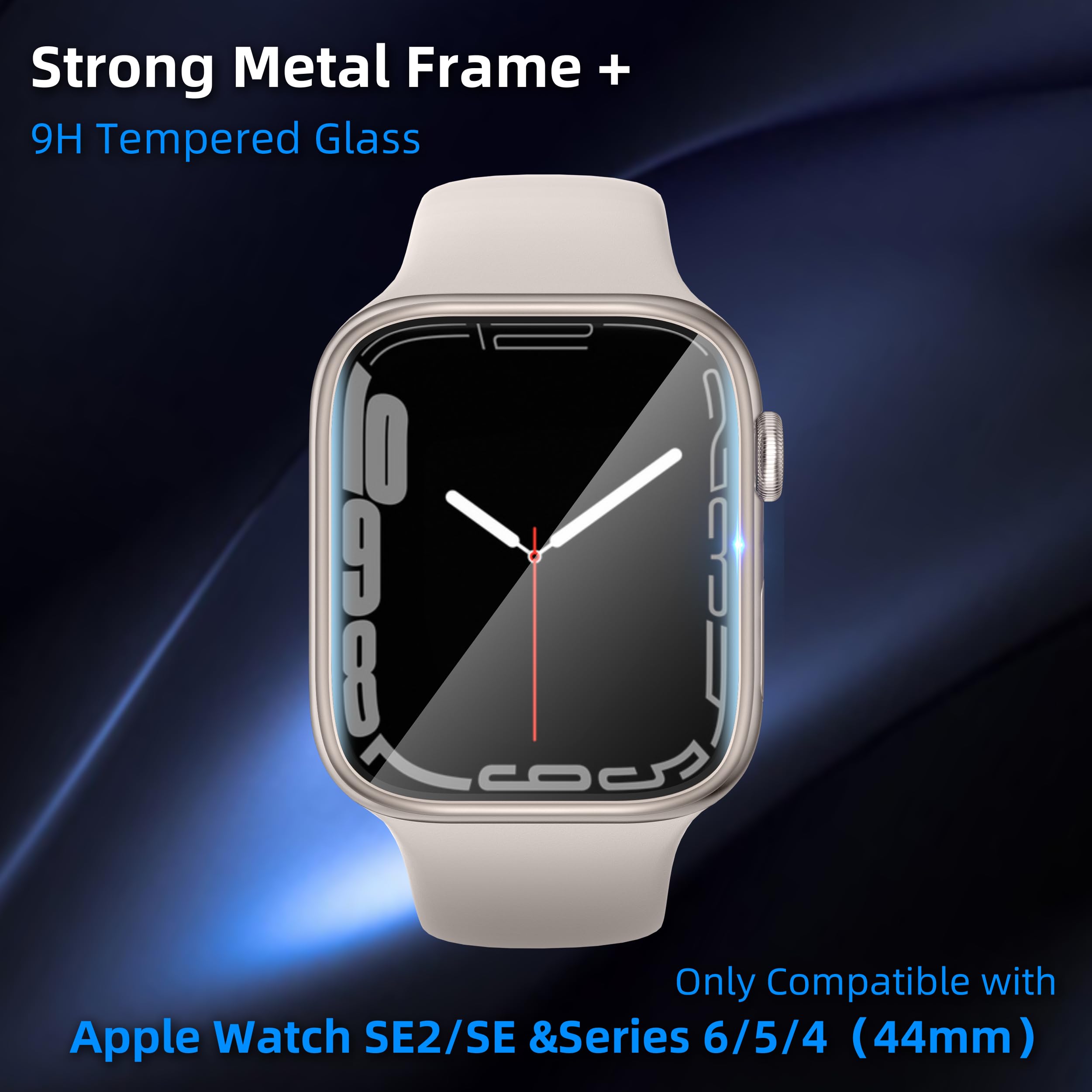 SWUU 2 Pack Tempered Glass Screen Protector with Metal Frame Compatible with Apple Watch SE2 SE Series 6 5 4 44mm Screen Protector, Easy Installation Frame Waterproof Film for iWatch 44mm Starlight