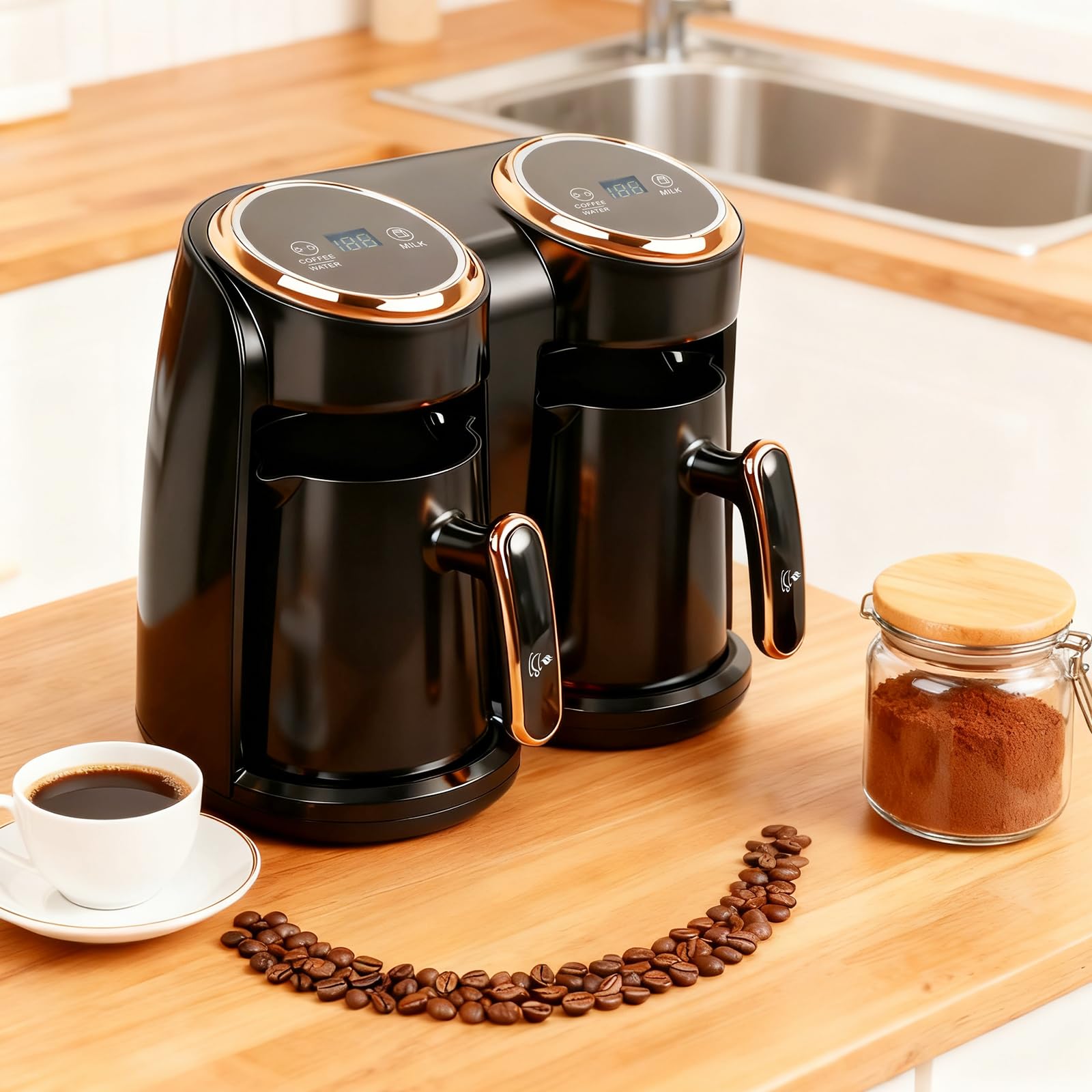 Cafetière turque, 600 W, cafetière turque avec double système de chauffage, protection contre le débordement et protection contre l'ébullition à sec, 300 + 300 ml (1 à 8 tasses)