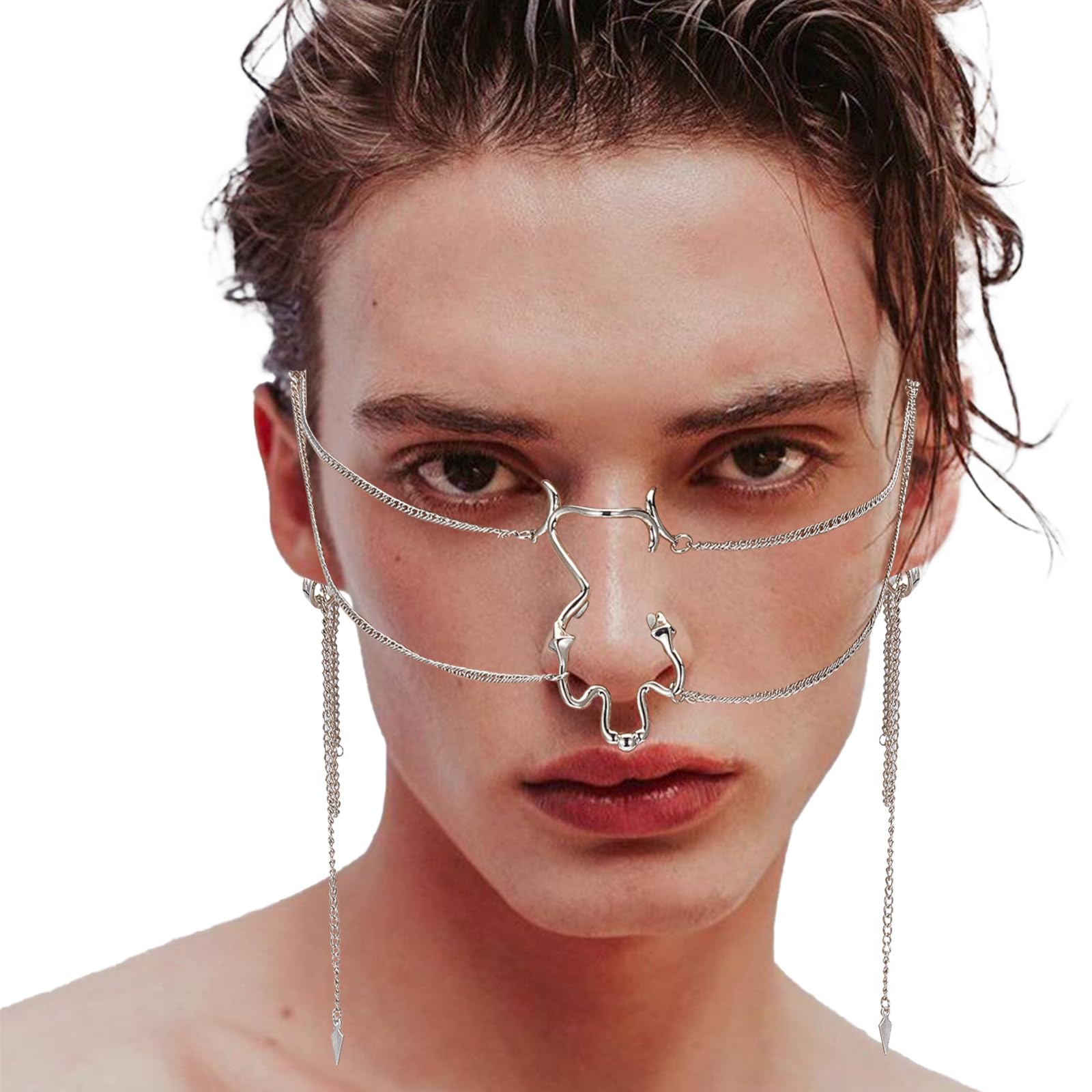 NICENEEDED Punk Mechanical Face Mask, Cyber Punk Face Chain, Masquerade Mask Gothic Steam Half Mask Face Wear Accessories Halloween