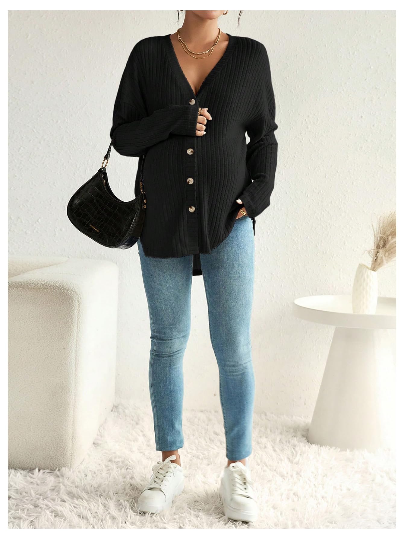 Giacca premaman da donna, con scollo a V, maniche lunghe, oversize, maglia a coste, maglione per gravidanza, morbido, confortevole, casual, abbottonatura frontale, top per allattamento e uso