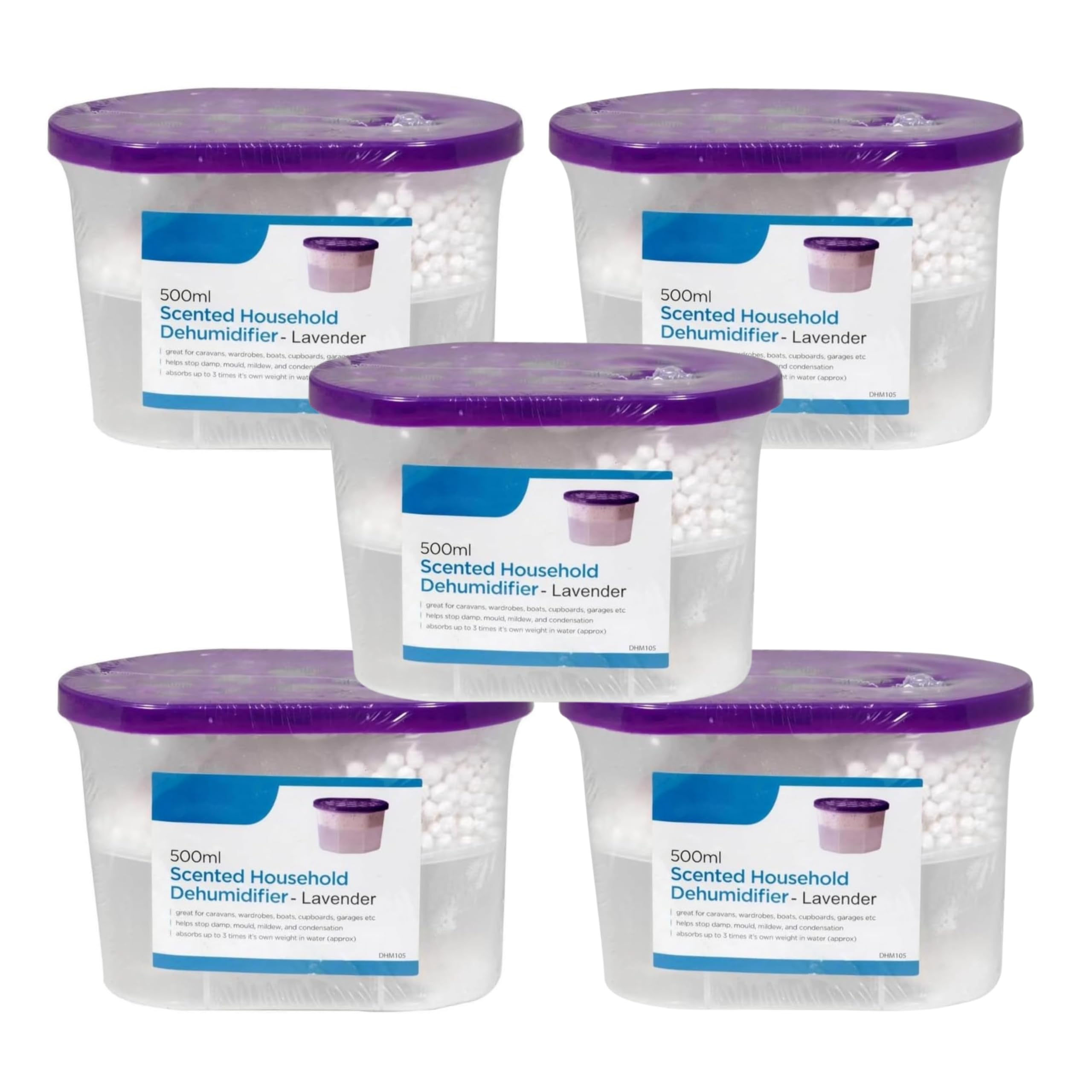 HomeZone Pack of 5 Lavender Disposable Dehumidifiers 500ml – Long Lasting Moisture Absorber Damp & Condensation Trap for Bedroom, Bathroom, Caravan & Home