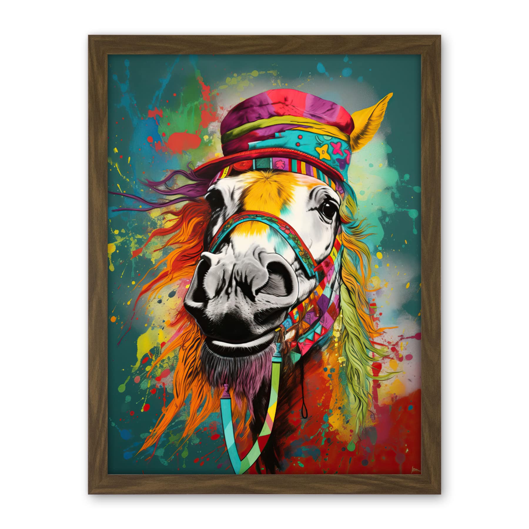 Artery8 Hippie Horse with Multicoloured Hat and Bridles Artwork Framed Wall Art Print 18X24 Inch