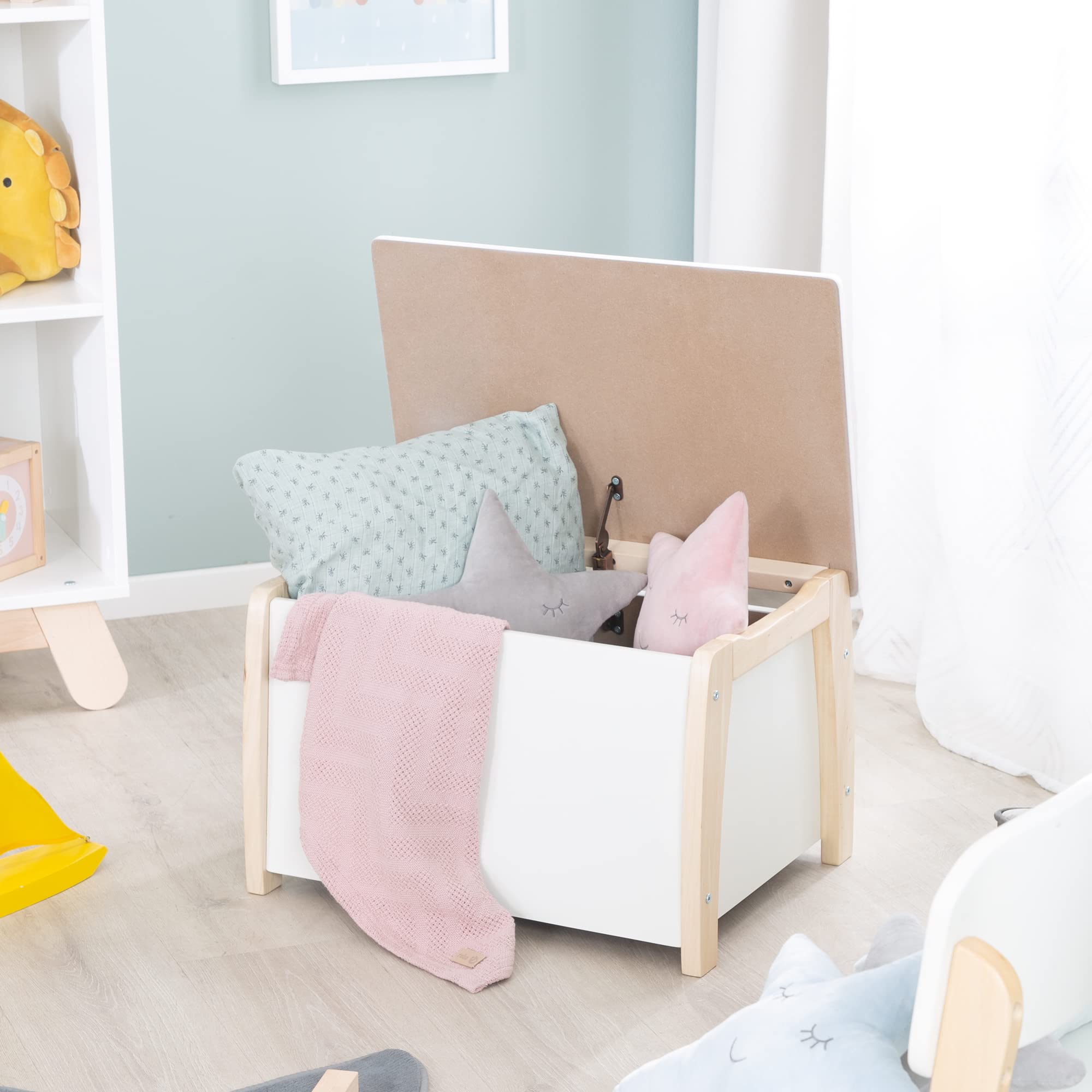 roba Coffre à Jouets pour Enfant - Banc en Bois Massif + Amortisseur - pour Filles et Garçons - Bicolore - Naturel / Blanc