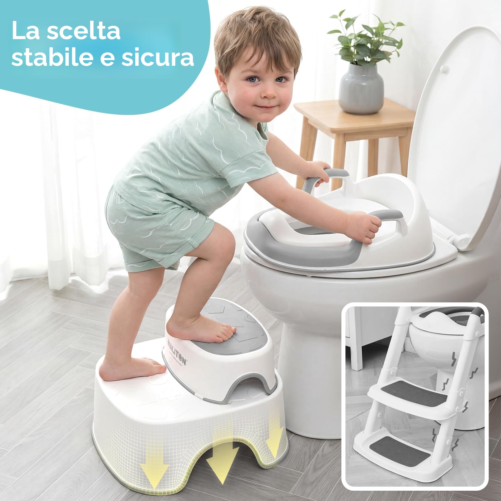 Maliton Riduttore WC Bambini, Design anatomico, Imbottitura morbida rimovibile, Sedile per Vasino con Sgabello (Un Vasino+Due Sgabelli per Bambini), Grigio