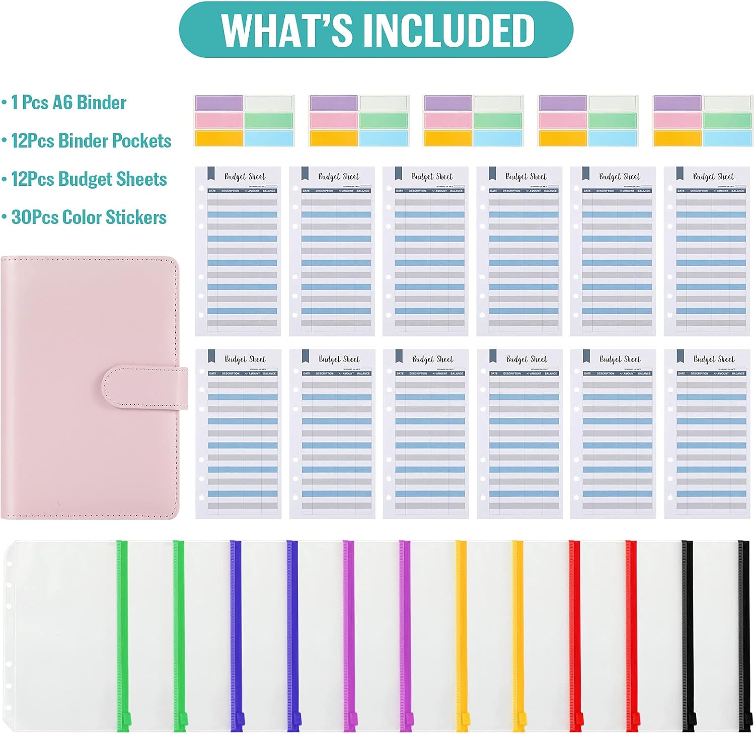 Gokotta Budget Binder Organizer, A6 Cash System Planner for Money Receipts,Document portfolios,12 PCS Clear Cash Envelope,12 Expense Tracker Budget Sheets and 30 Colorful Blank Labels(Pink, A6) image 2