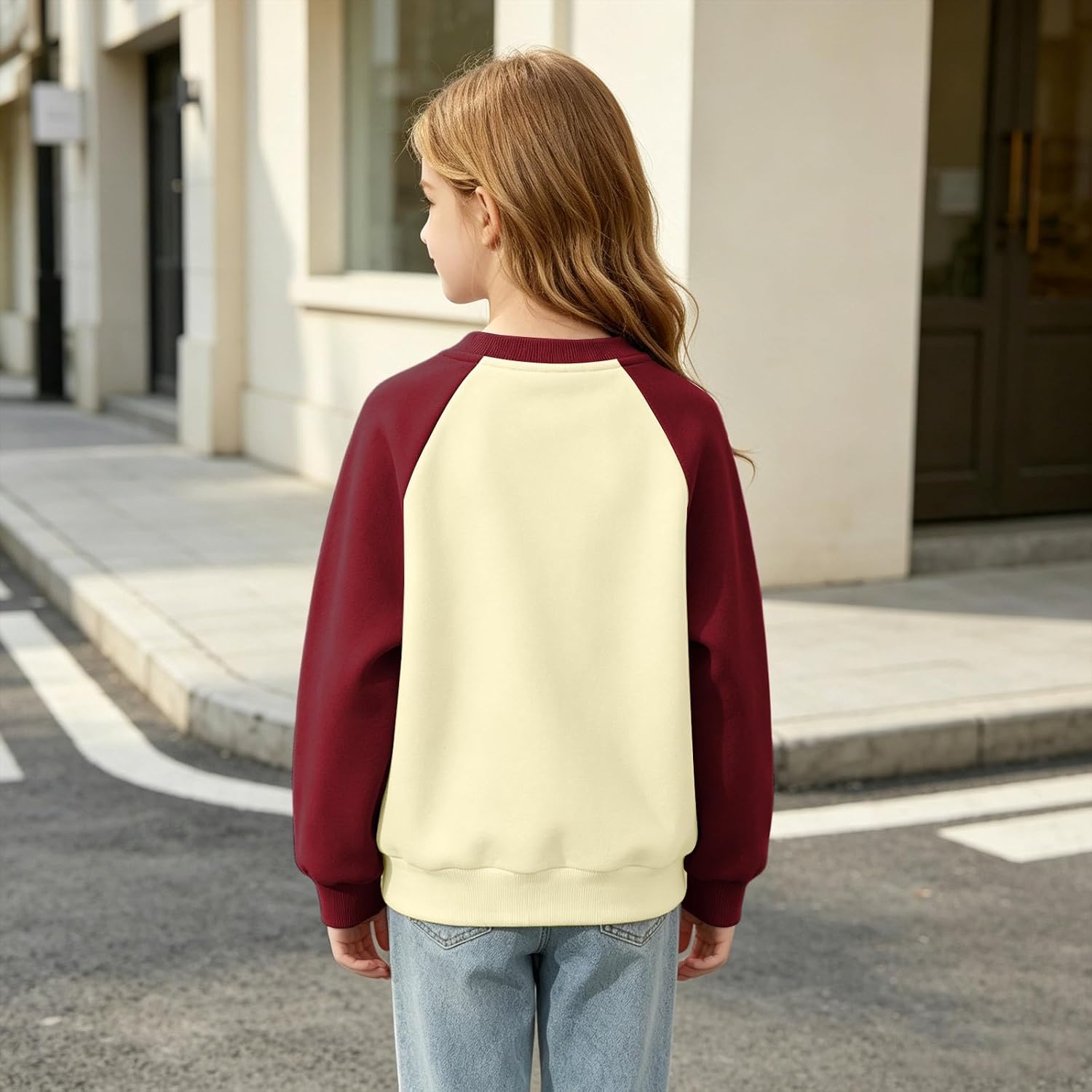 Girls Raglan Sleeve Color Block Crew Neck Sweatshirt Tops