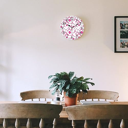 Miniatura 5 de Reloj de pared de cinta rosa para cáncer de mama, reloj de madera redondo, silencioso, sin tictac, funciona con pilas, reloj colgante decorativo de
