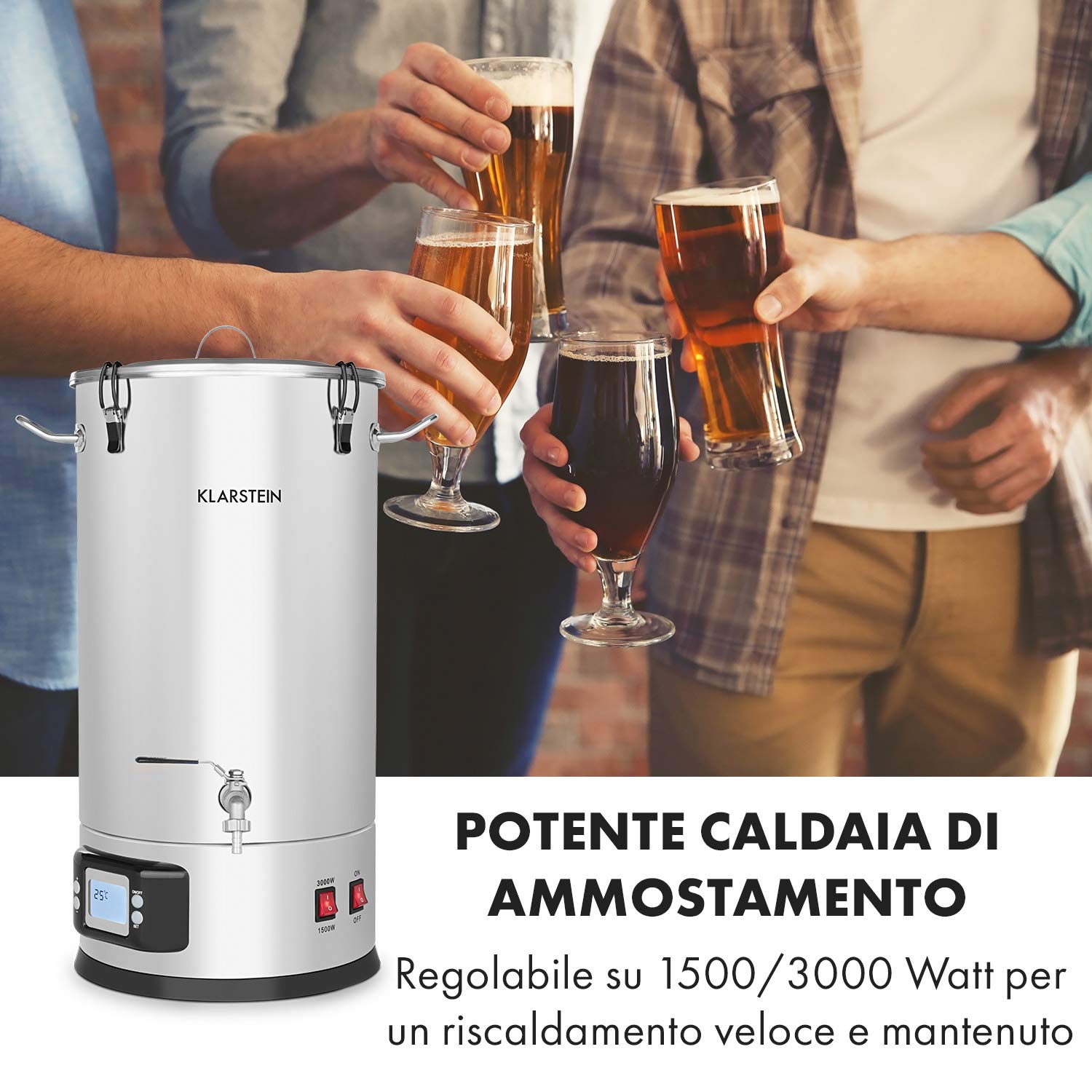 Klarstein Maischfest - Kit Birra Artigianale Completo, Fermentatore 2 Livelli di Potenza: 1500/3000 W, Kit Completo 5 Pezzi, Display LCD, Rubinetto, Acciaio Inox, 30 Litri