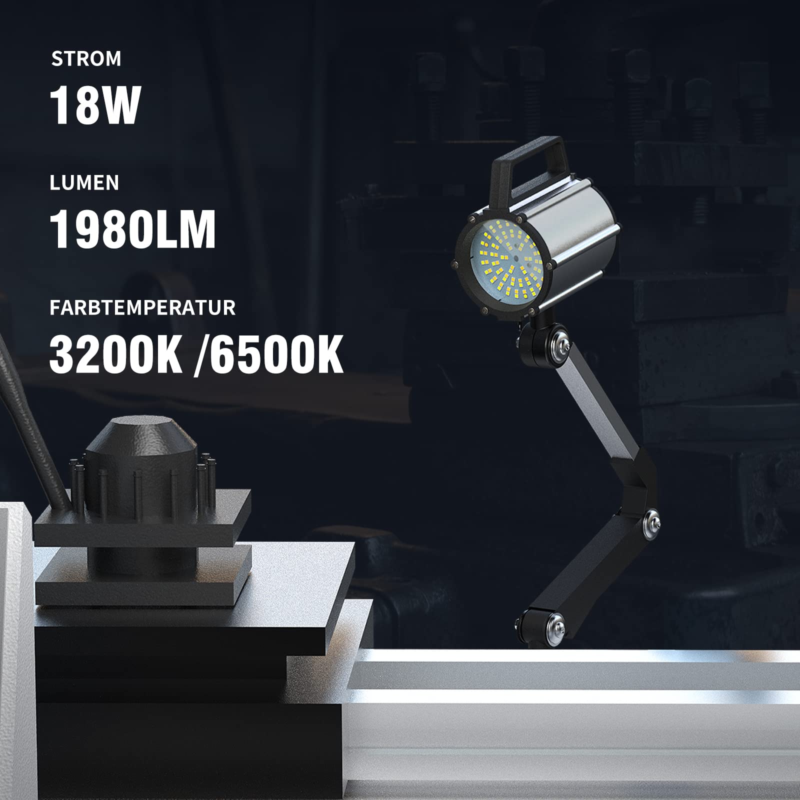 YouTeMei Doppelfarbige LED Drehmaschine Lampe, 18W (1980/2340) Lumen Flexibel Wasserdicht Arm Drehmaschine Lampe, für Nähmaschine Drehbank Fräsen Bohrmaschine Industrielle Beleuchtung （3000K/6500K