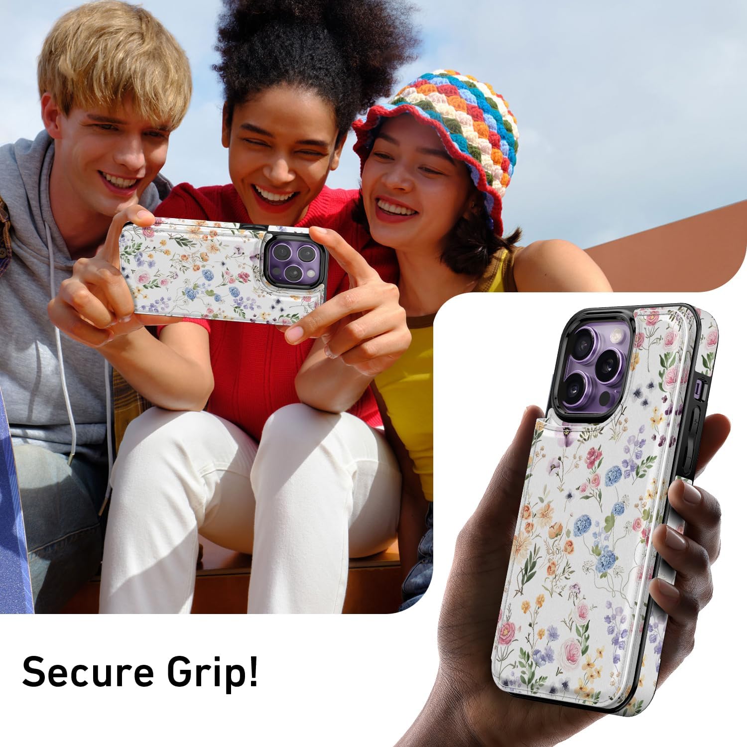 FUNMIKO for iPhone 14 Pro Wallet Case with Card Holder, RFID-Blocking, Military-Grade Drop Protection & Floral Animal Design, Magnetic Closure with Leather Kickstand - Flowers and Leaves - Image 7