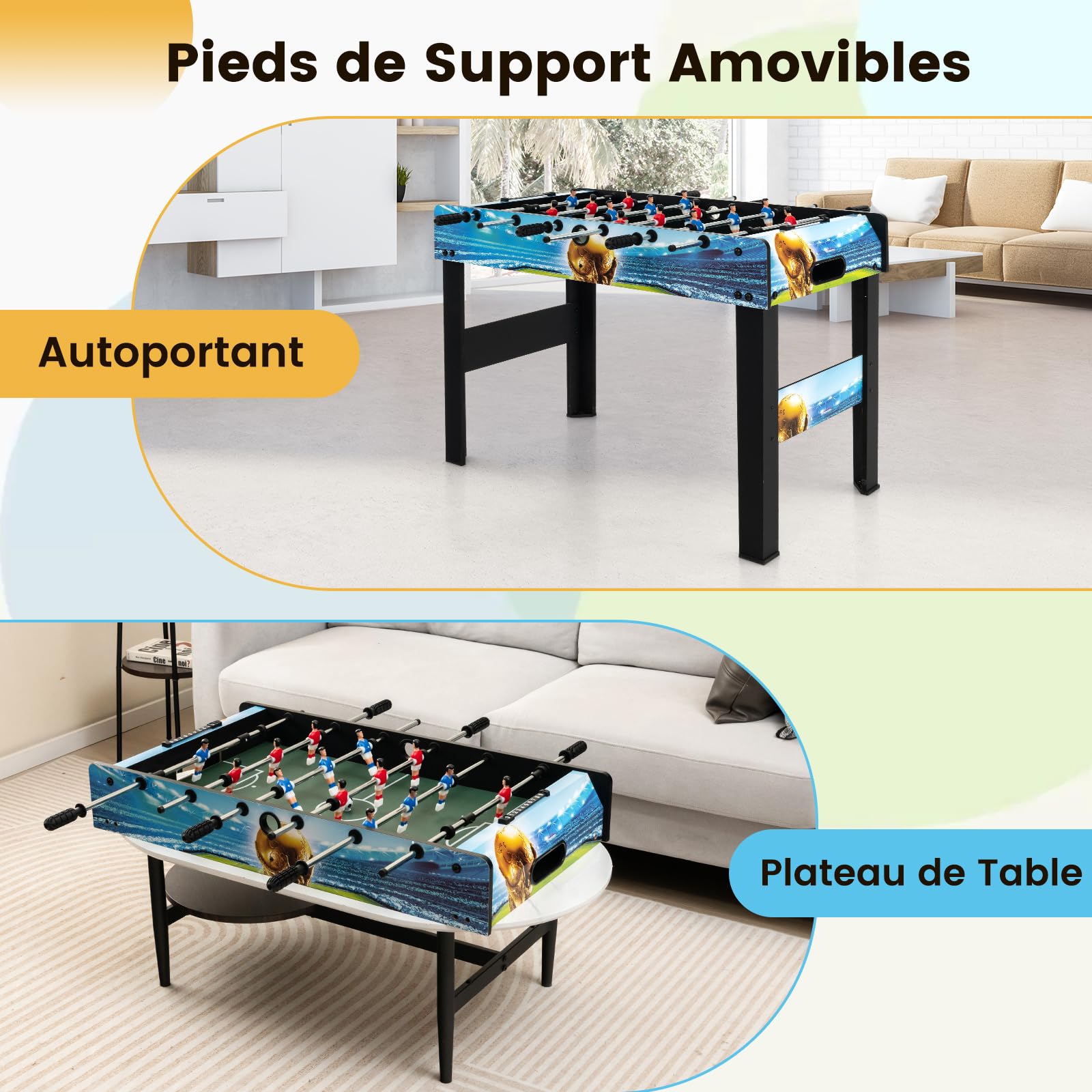 GOPLUS Table de Baby-Foot Enfants, Jeu de Football de Table sur Table/à Pied avec Pieds Amovibles, 2 Balles et 2 Marqueurs pour Adolescents et Adultes :94 x 81 x 68 cm