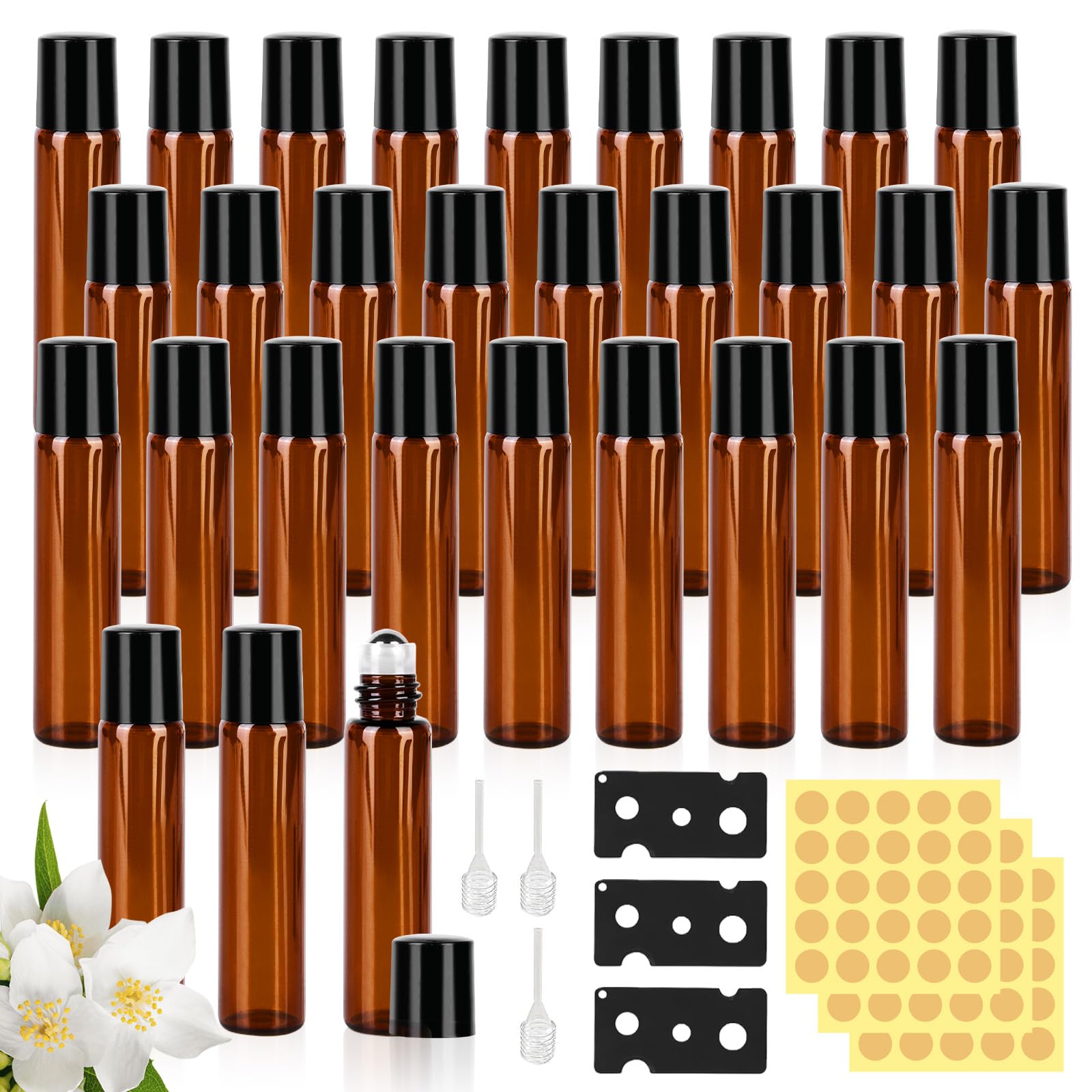 Bouteilles Roll-on Pour Huiles Essentielles - Lot De 30, Verre Foncé, Tailles 2/3/5/10 Ml, Avec Accessoires