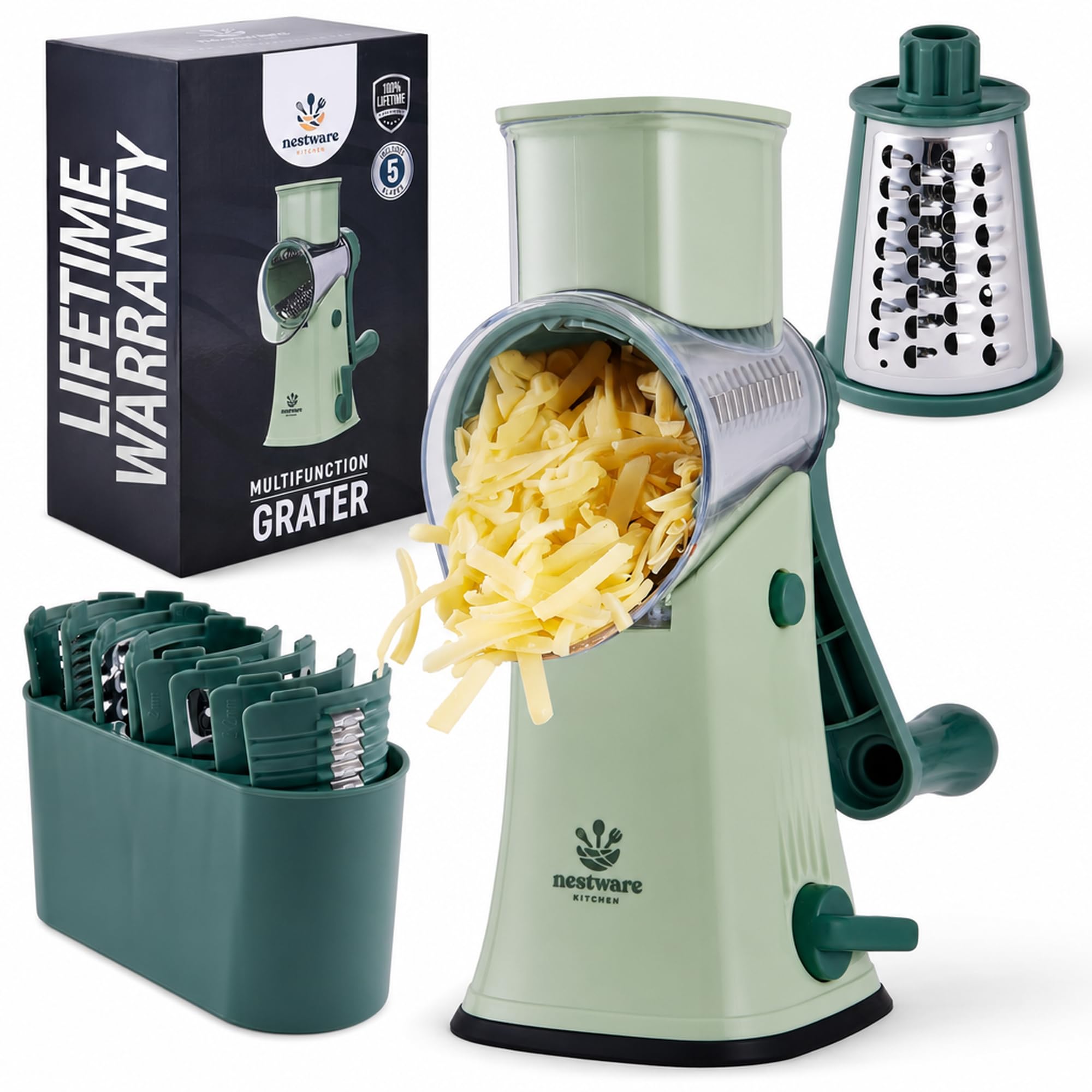 Nestware Kitchen Rotary Cheese Grater 5 Blade Cheese Shredder Reinforced Suction & 5 Interchangeable Drums - Easy to Use, Vegetable Chopper (Sage Green)