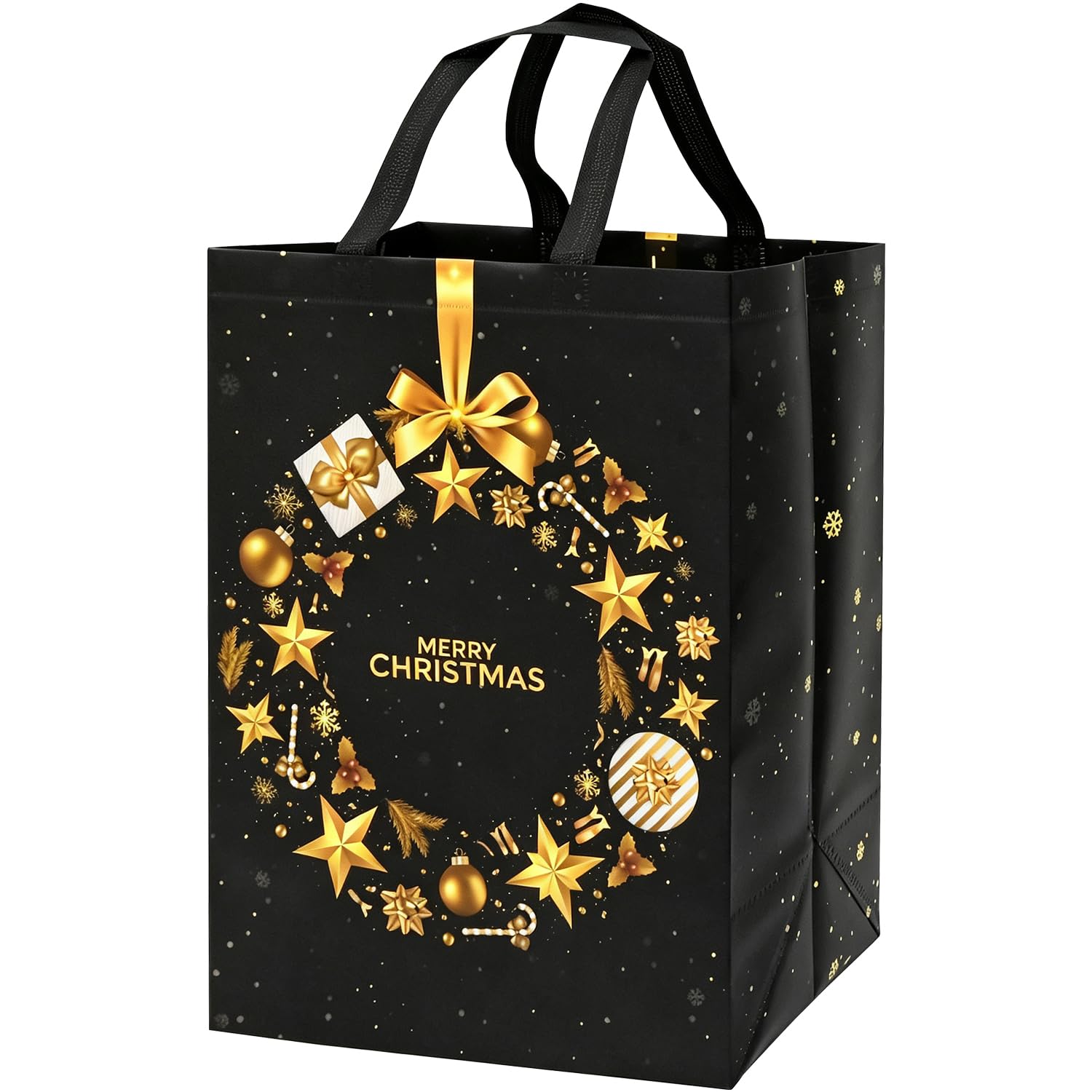 4pcs Large Black Christmas Tote Bags,41×30×18cm Gold Wreath Xmas Gift Bags
