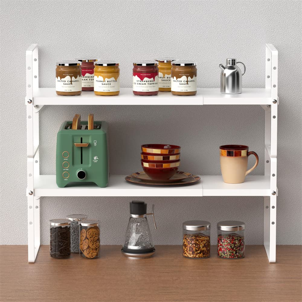 SANNO Expandable Cabinet Shelf Organizer Rack,Cupboard Organizer Rack Space Riser Countertop Kitchen Pantry Organization and StorageCounter Shelf Spice Rack Expandable Shelves, White, 2 pack