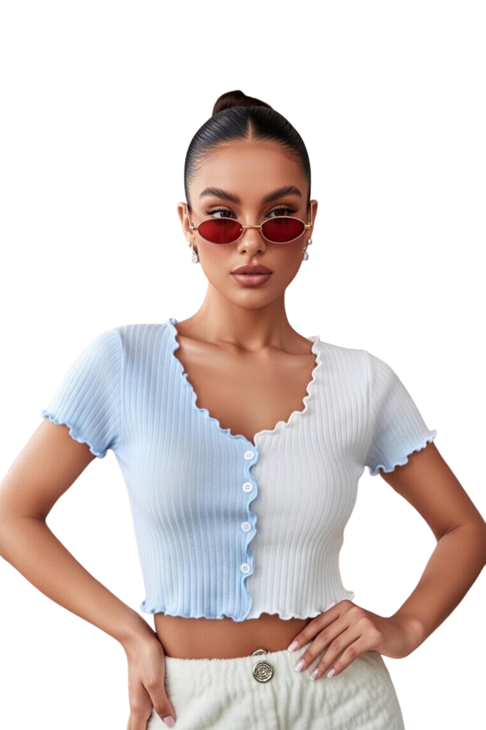 zicada Women's Color Block V Neck Crop Top, Short Sleeve Lettuce Trim Button T-Shirt for Summer-picture-17