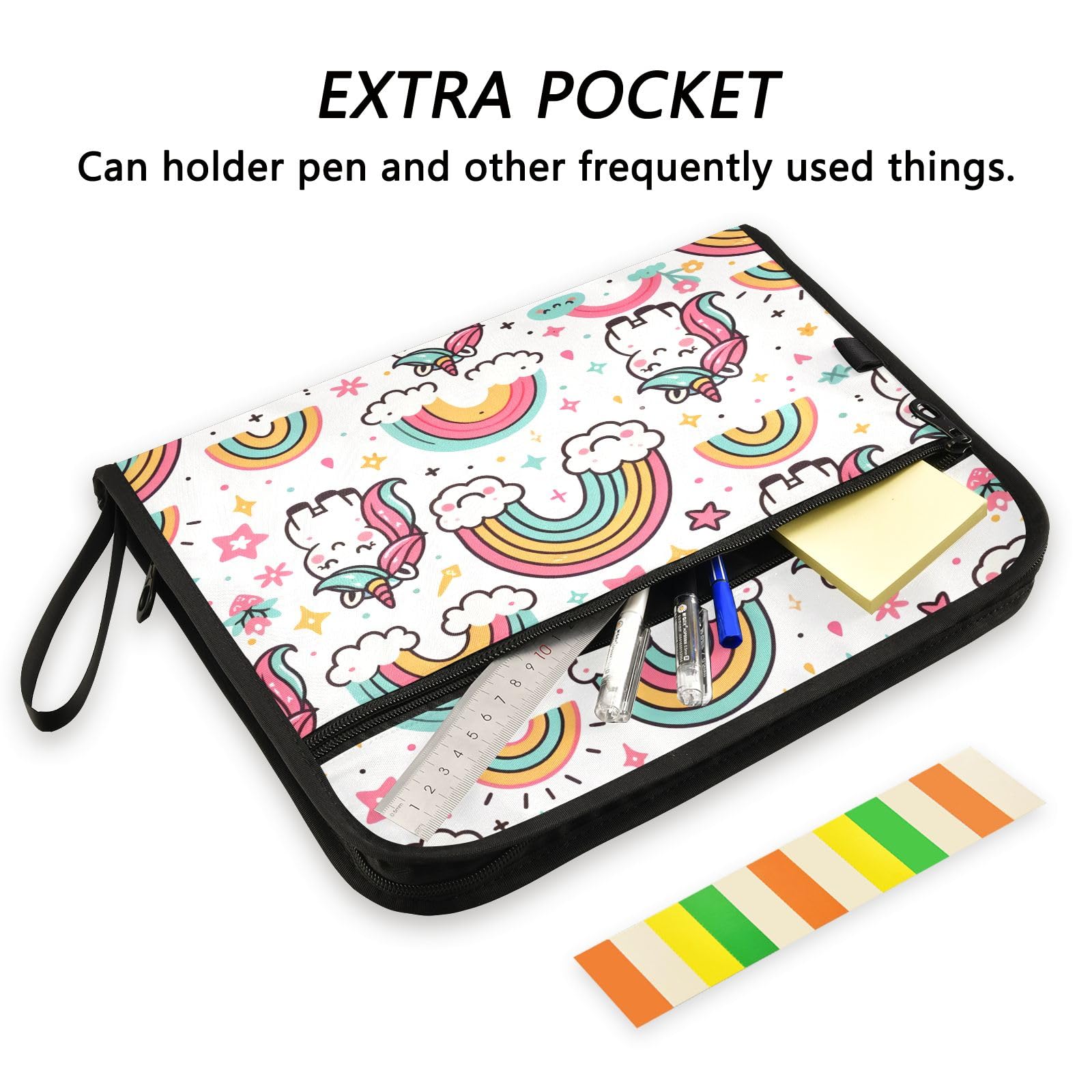 Cute Pattern with Rainbow and Unicorns 13 Pocket File Organizer Expanding File Folder with Front Pouch Portable Business Fire Storage Document Organizer Folder with Zipper - Image 2