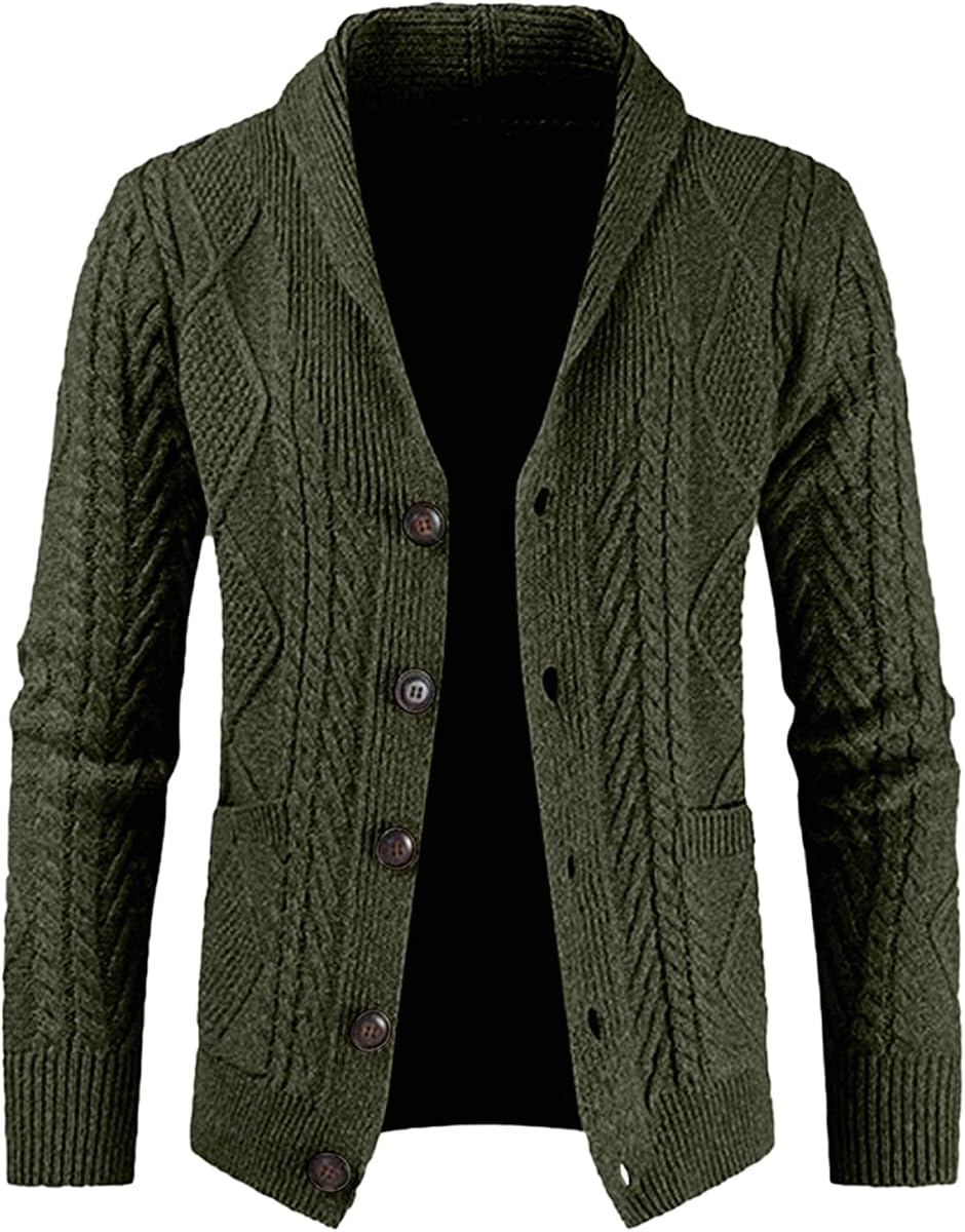 JMIERR Suéter de punto con cuello de chal y mezcla de lana para hombre | Botón delantero, manga larga, bolsillos delanteros, capas de otoño-invierno, ropa informal elegante, gifi navideño