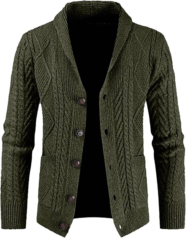 JMIERR Suéter de punto con cuello de chal y mezcla de lana para hombre | Botón delantero, manga larga, bolsillos delanteros, capas de otoño-invierno, ropa informal elegante, gifi navideño