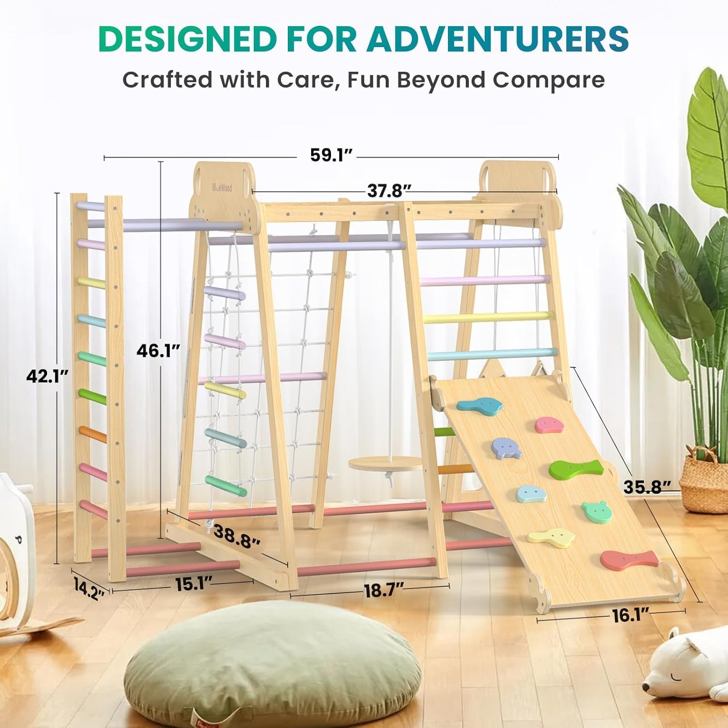 BlueWood Upgraded Indoor Jungle Gym 9-in-1 Playground Kids Climbing Toys, Waldorf Style Wooden Climber Playset with Slide, Swing, Monkey Bars, Upright/Rope Ladder, Climb Net, Colorful