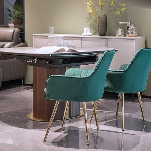 Miniatura 7 de Juego de 2 sillas de comedor de terciopelo, modernas sillas decorativas de respaldo medio con patas chapadas en oro, silla tapizada para sala de