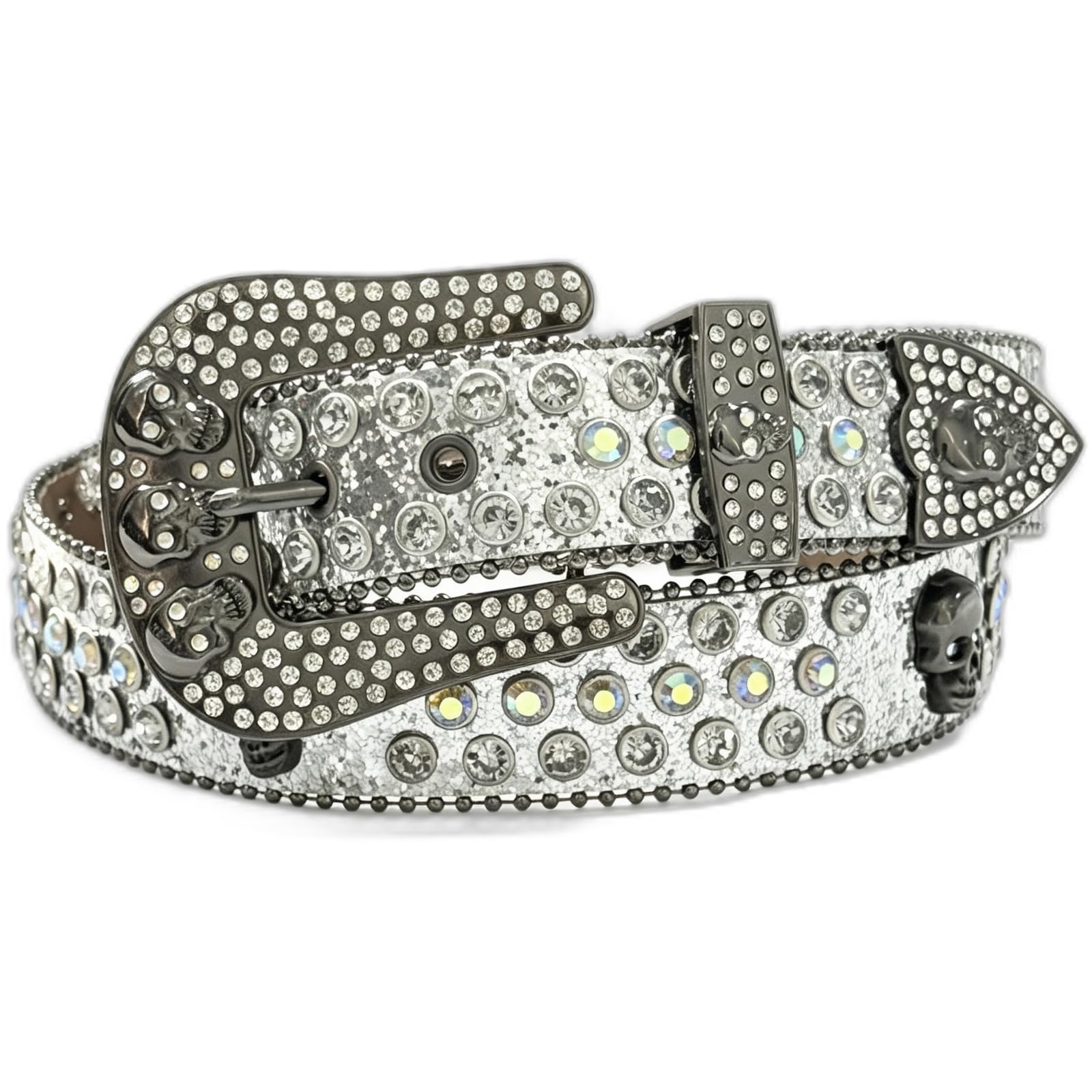 AGUTALITHIC Rhinestones Studded Belt Sparkly Sequin Shine Engraved Skull Head Western Leather Strap with Crystal Prong Buckle(110cm/43, Silver)