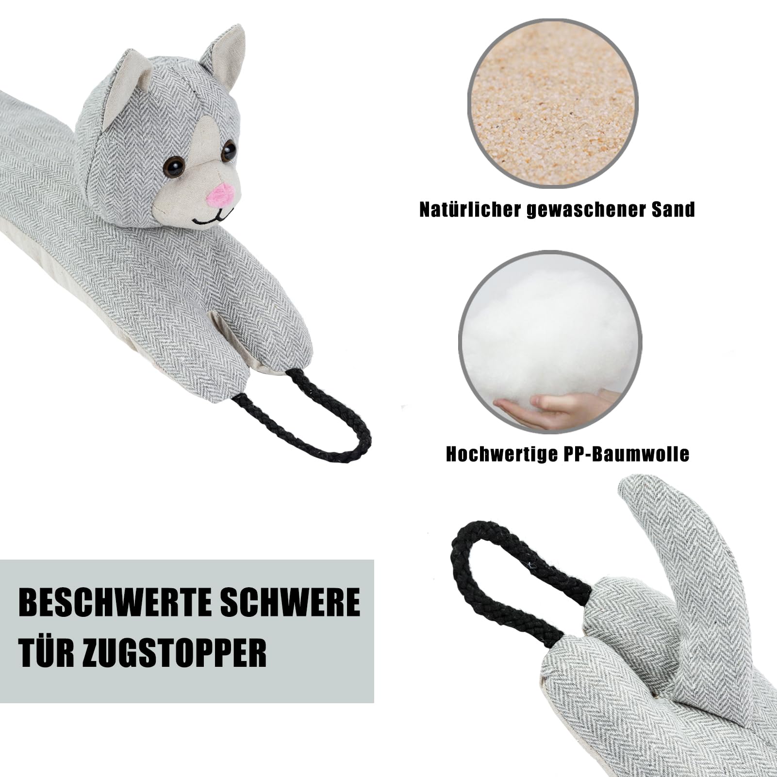Unter Tür Zugluftstopper Dekorative Windstopper 91cm für Fenster, beschwert Tier Luft Zugluftstopper Schlange Lärm Blocker für unten an der Tür mit hängenden Schlaufen - Graue Katze