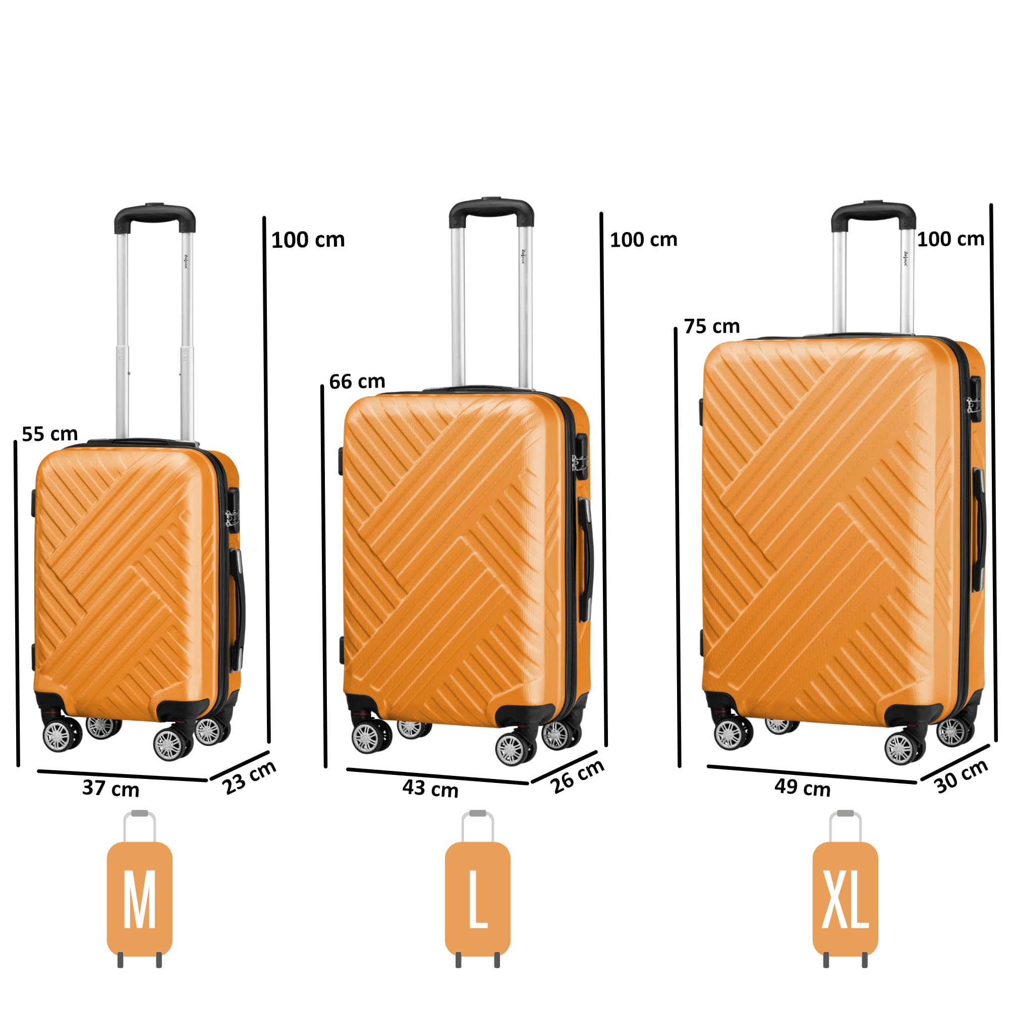 Zelsius Set de valises à 3 pièces Orange | Valises rigides ABS à roulettes Doubles, avec Cadenas à Combinaison de Chiffres, cloison Interne | Bagage de Cabine, Set de Valise, Lot de 3, Trolley