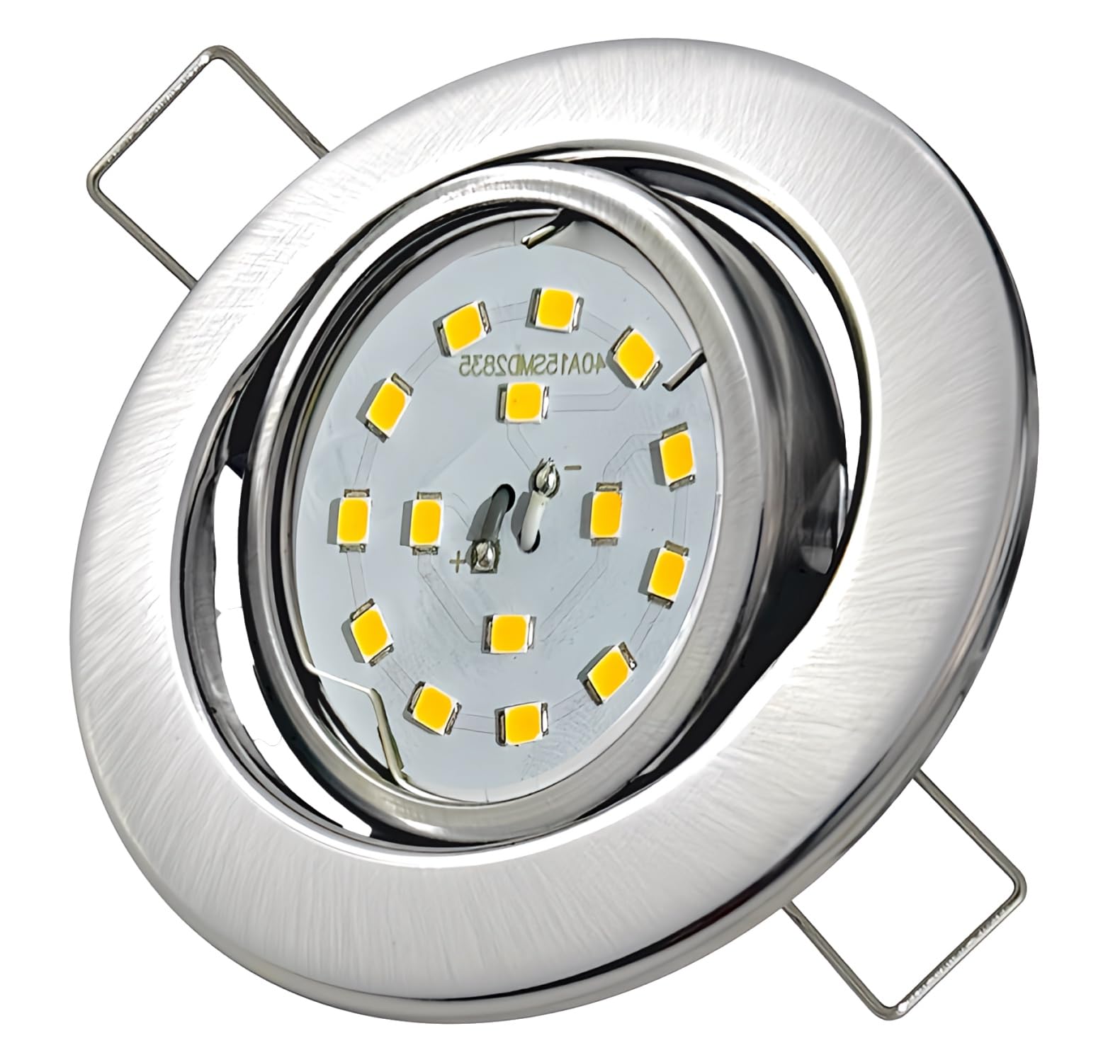 5 x SMD LED Decken Einbaustrahler, 5W, 230V, Warmweiß (3000K), 400lm, Ø=87mm, 45° schwenkbar, flach (26,5mm), Bohrloch Ø 65-75mm, Farbe Edelstahl gebürstet – ideal für Wohnräume, Küchen, Flur usw.