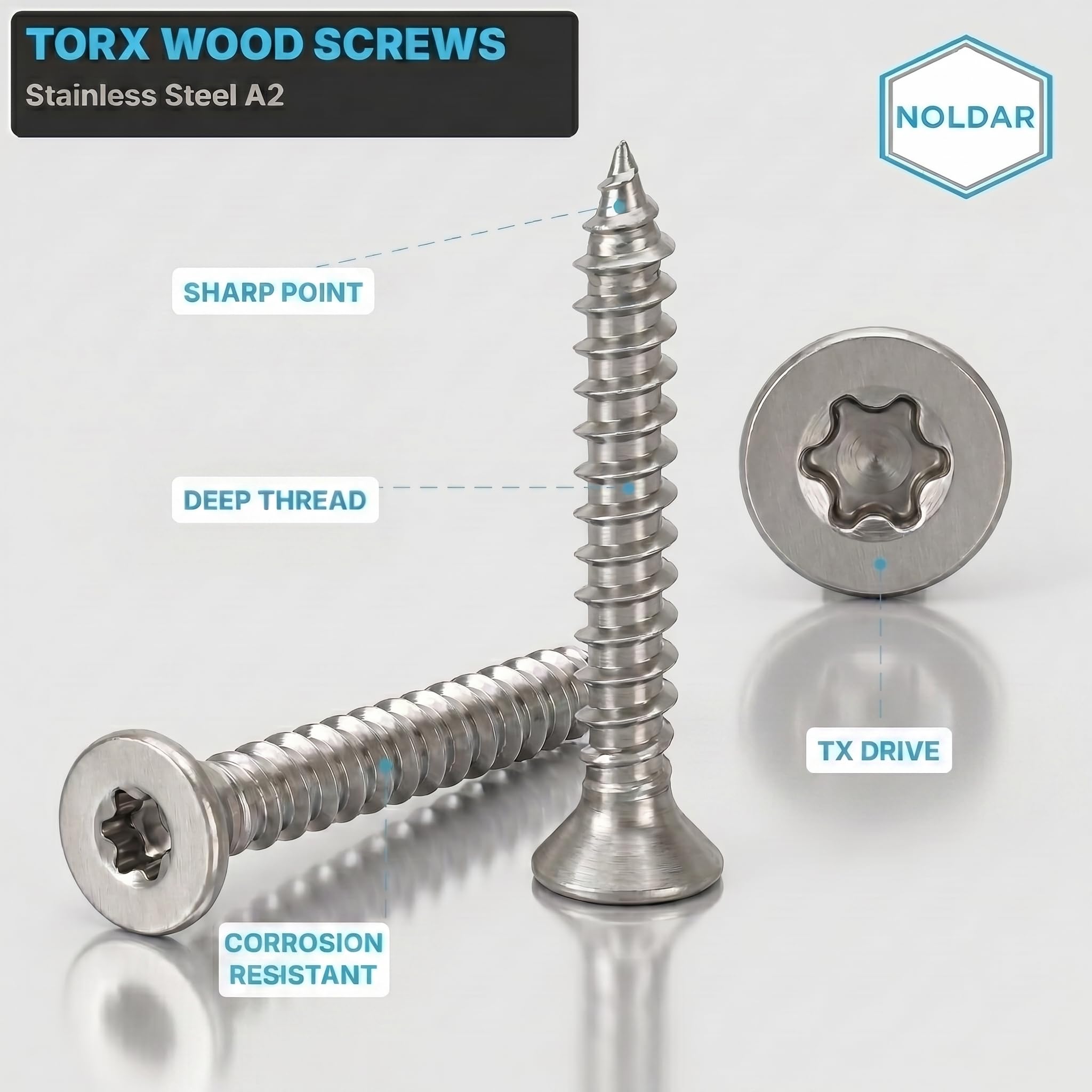 Viti per Legno TORX Testa Svasata Acciaio Inox A2 (AISI 304). 200 Pezzi. Filettatura Completa Viti Torx per Legno (4 x 30 mm)