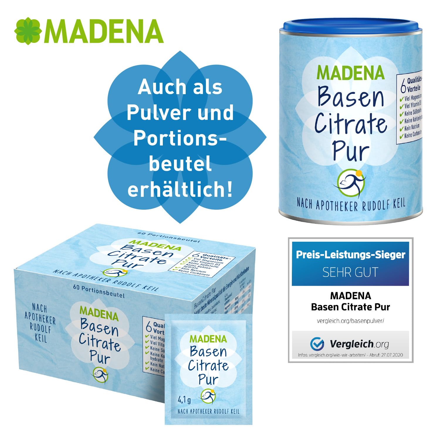 MADENA BasenCitrate Pur, 180 Kapseln, Elektrolyte-Lieferant mit 100% organischen Basen und viel Magnesiumcitrat, Zink, Kalium, Calcium, plus viel Vitamin D3