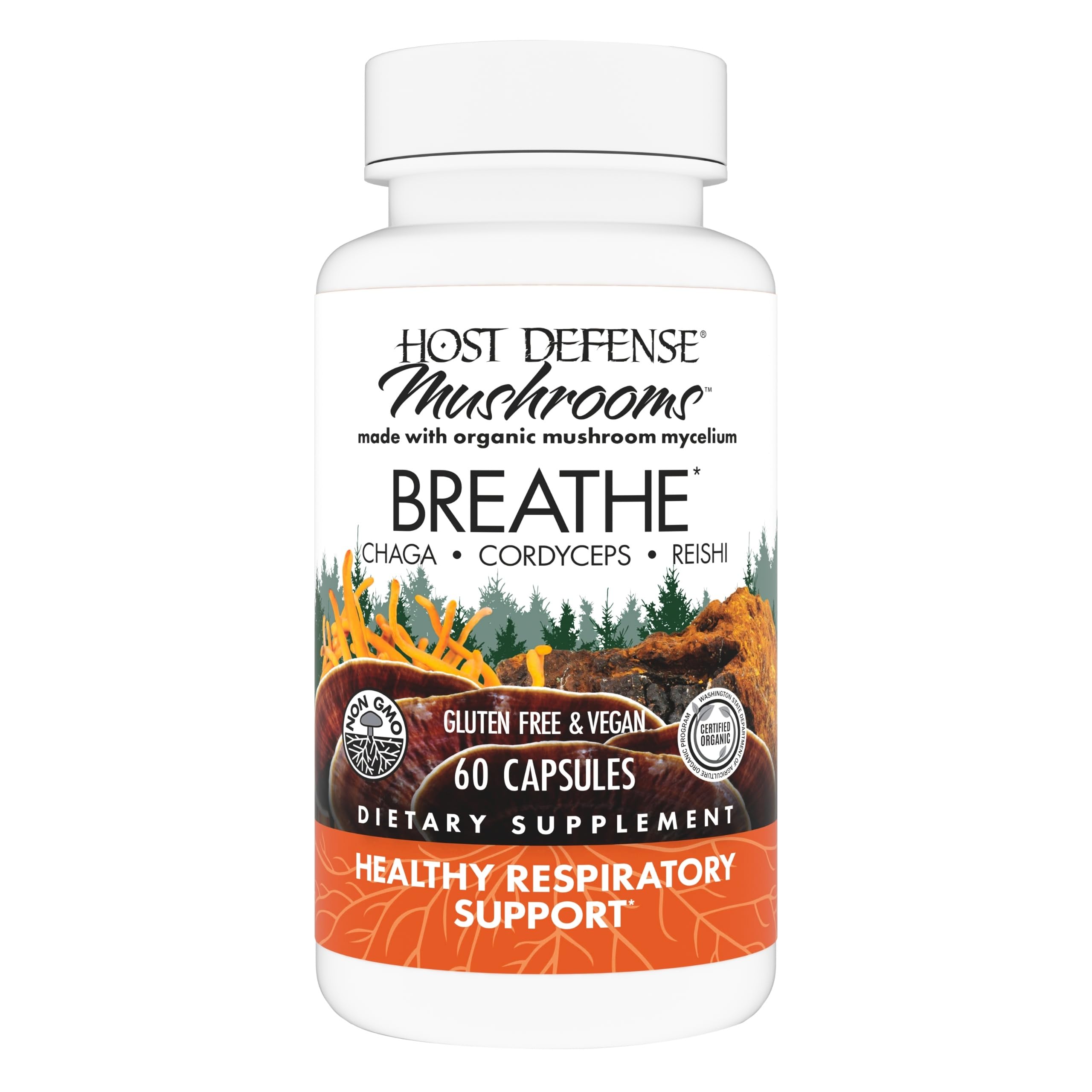 Host DefenseBreathe* Capsules - Immune & Respiratory Support Mushroom Supplement - Herbal Lung Health Supplement with Chaga, Reishi & Cordyceps - 60 Capsules (30 Servings)*