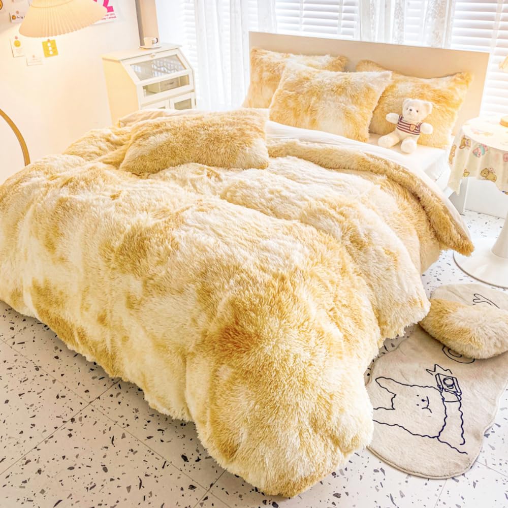 Flauschige Bettwäsche 135x200 Plüsch Langhaar Beige Gelb Winter Warm Biber