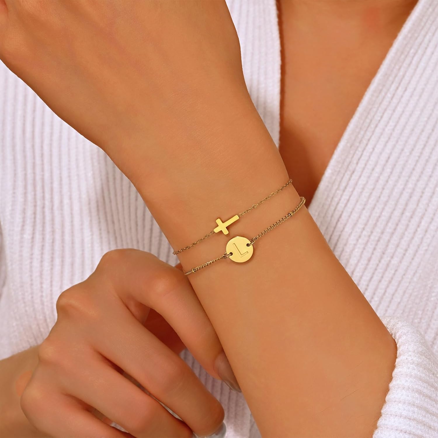 18K Gold Plated Cross Bracelet for Women | Cute Small Cross Bracelets with Initial Charm (A-Z) | Christian Baptism, Easter, Birthday Gift for Her - Image 5