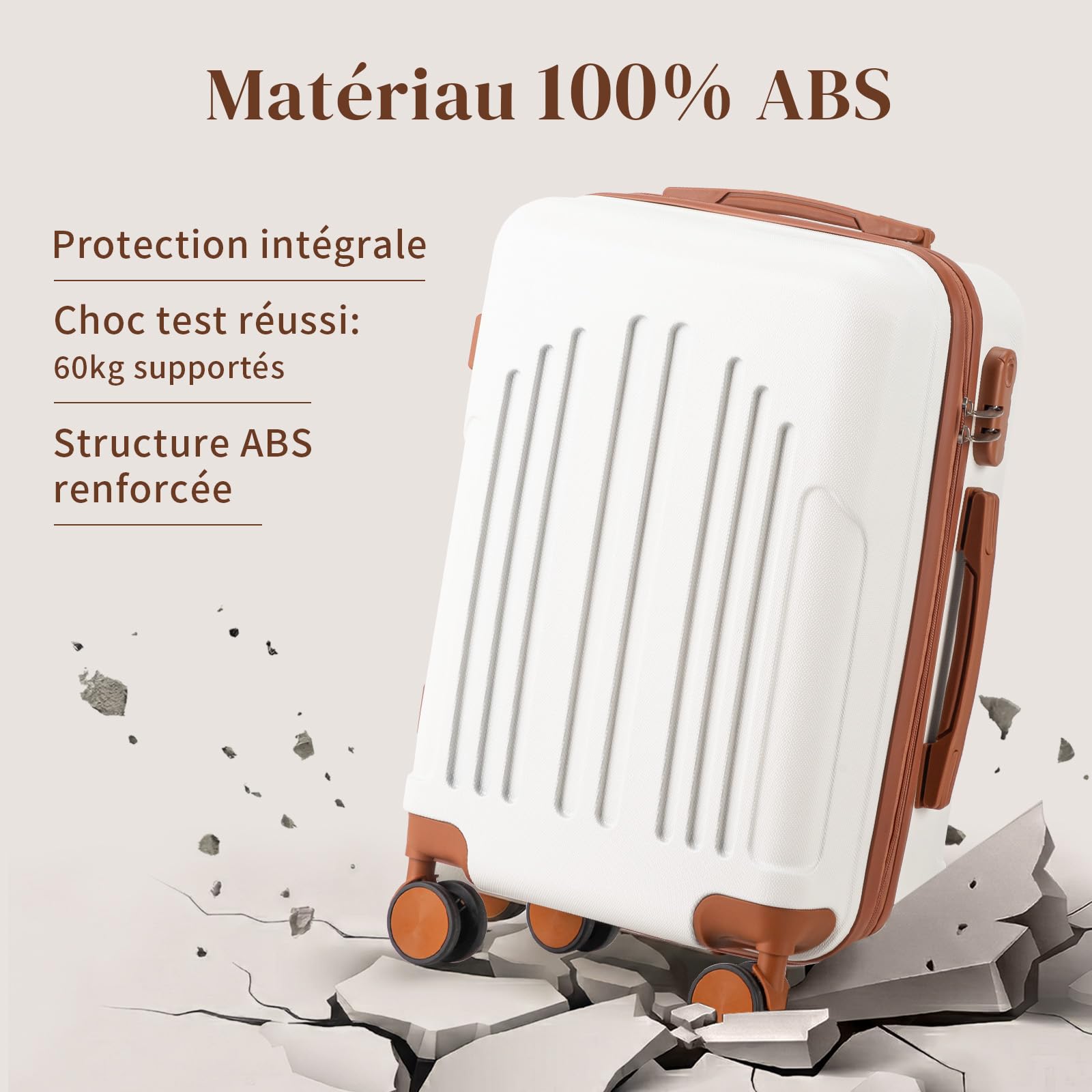 LALAHO Valise de Voyage Moyenne en ABS, Bagage Suitcase Rigide (Beige-Brun, L/65cm)