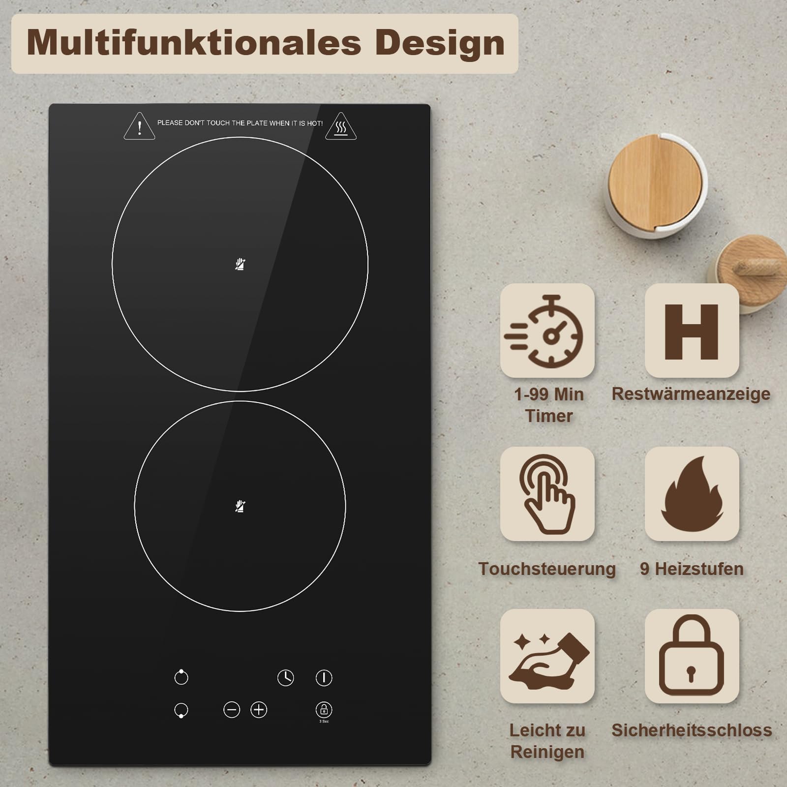 KICHPOWER Plaque Vitrocéramique 2 feux, Plaque de cuisson electrique 30cm, Electrique Plaque Encastrable, Commande Tactile, 3000W 9 Niveaux de puissance, Minuterie 1-99 min, Pour toutes les casseroles - 5