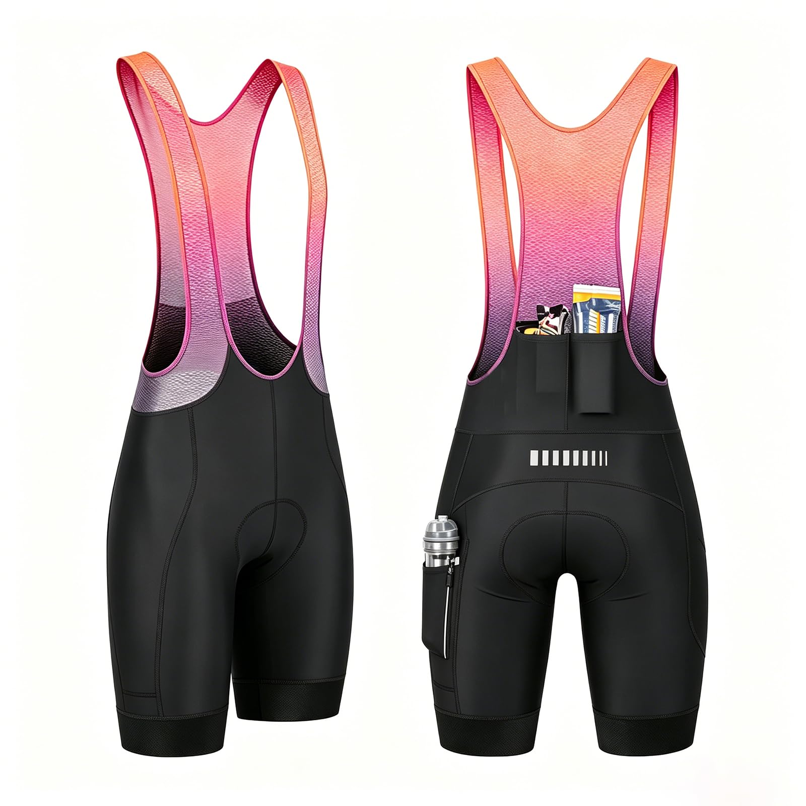 Męskie spodenki rowerowe z szelkami i wkładką żelową 5D, szybkoschnące i oddychające, z 3 kieszeniami i paskami odblaskowymi – legginsy do jazdy na rowerze szosowym, Black/Orange-XL