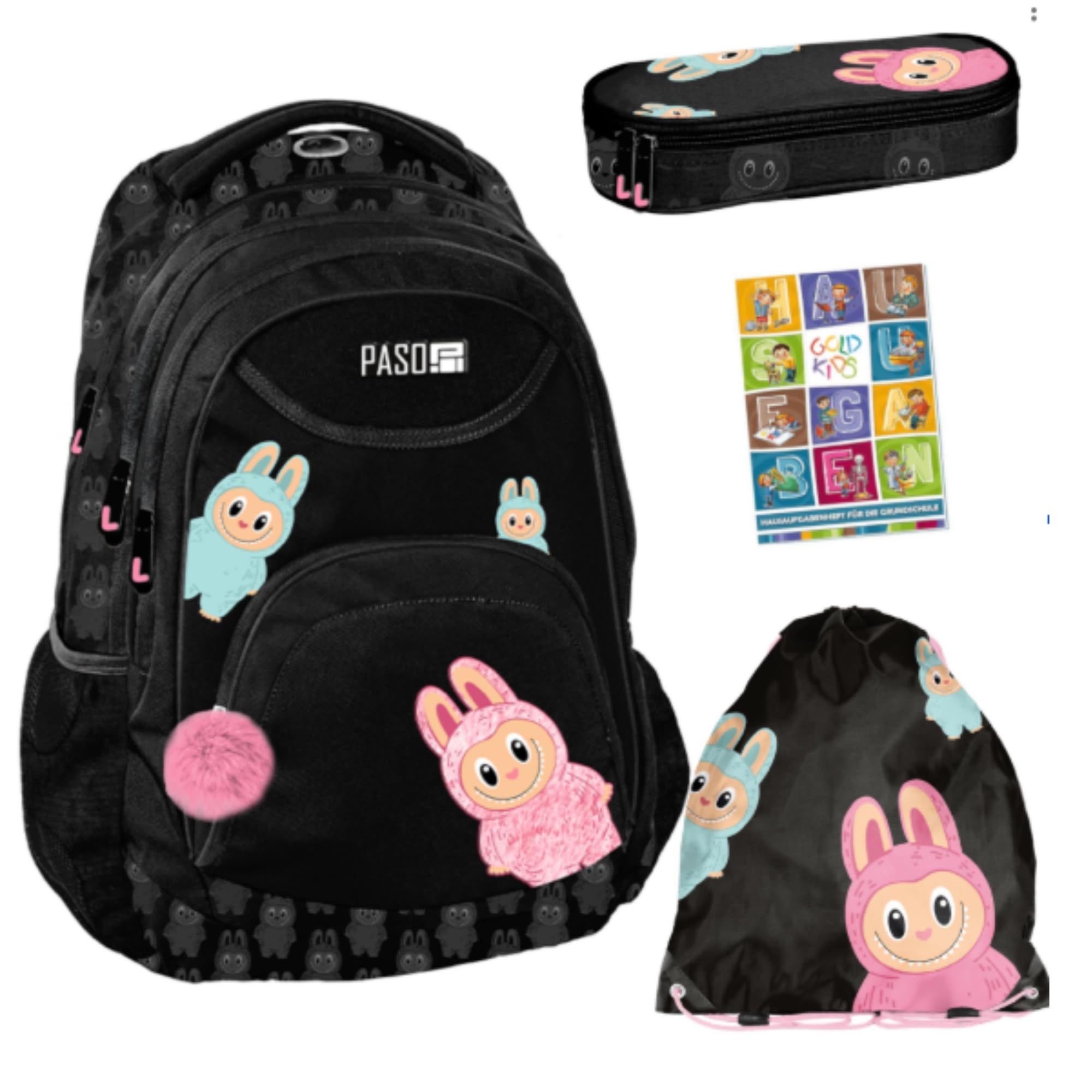 PASO - Mochila escolar para niños y niñas, juego de 4 - Mochila escolar para niños con estuche - Bolsa para zapatos y cuaderno de tareas - Diseño Bubu - Clase 1-3