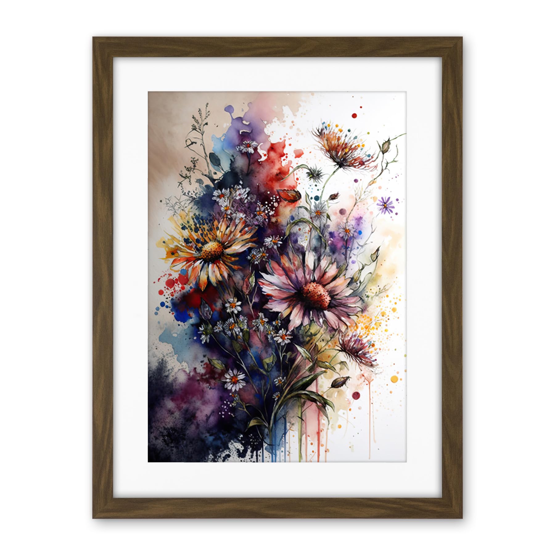 Artery8 Flower Bouquet over Watercolour Splat Illustration Artwork Framed Wall Art Print 18X24 Inch