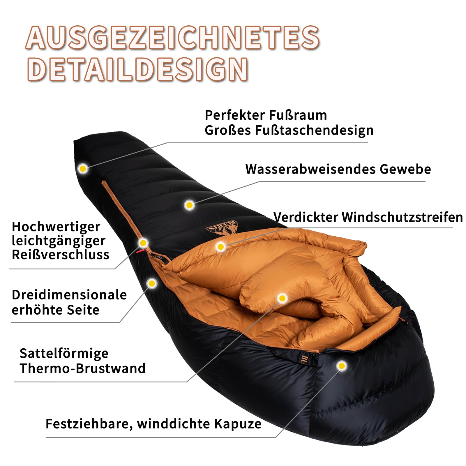 Winter-Daunenschlafsack, für 0 bis -24°C kaltes Wetter. Ultraleichter Mumien-Schlafsack, für Erwachsene & Jugendliche beim Camping, Wandern & Backpacken.