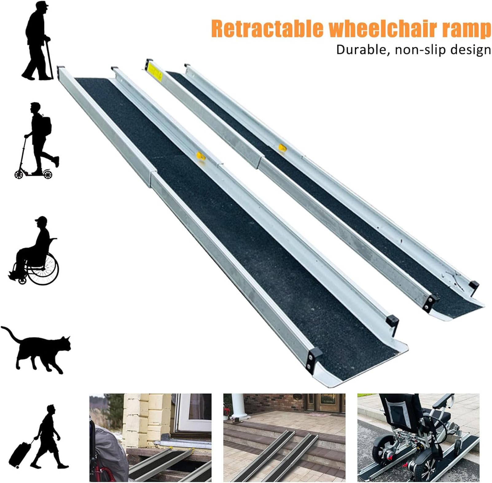 Rampas telescópicas para sillas de Ruedas de 2 Piezas, rampa de umbral de Aluminio Liviana con Superficie Antideslizante y Bolsa de Transporte, rampas telescópicas de 2 Secciones para escalones de e