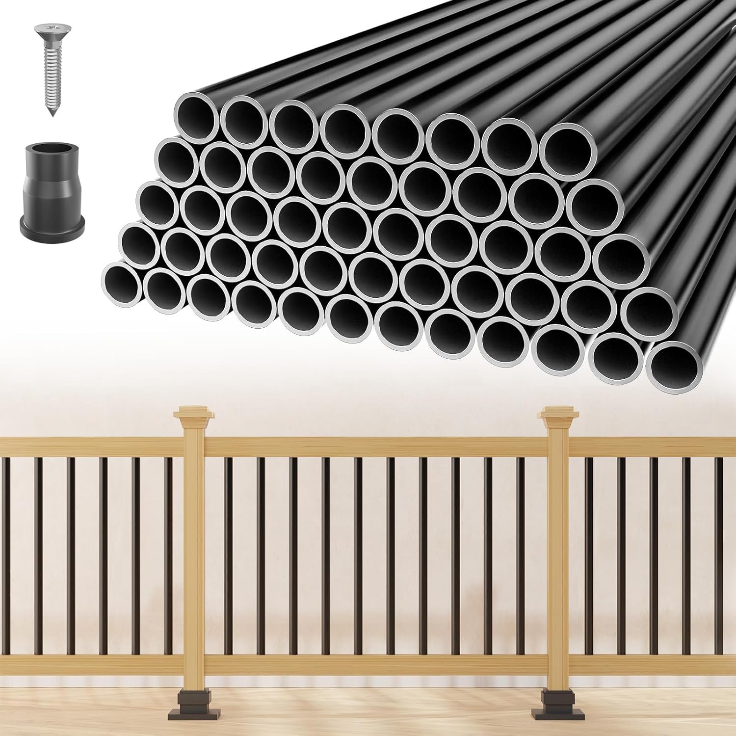 100 Pack 26" Aluminum Deck Balusters, 3/4" Diameter Black Metal Deck Spindles with Connectors and Screws, Hollow Round Aluminum Deck Balusters for