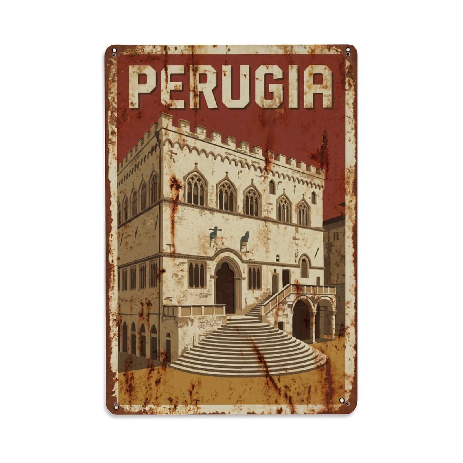 Vintage Travel Perugia Palazzo Dei Priori Italy Metal Tin Sign Plaque Wall Decor for Cafe, Club Bar, Office, Home Garden Metal Poster 8x12Inch