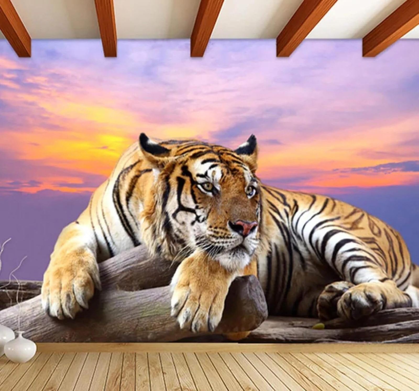 XLMING Beautiful Sunset Tiger Animals Personality 3D Wallpaper Silky Texture Home Study Office Grey Dining Room Sofa Bedroom Living Room TV Backdrop-350cm×256cm