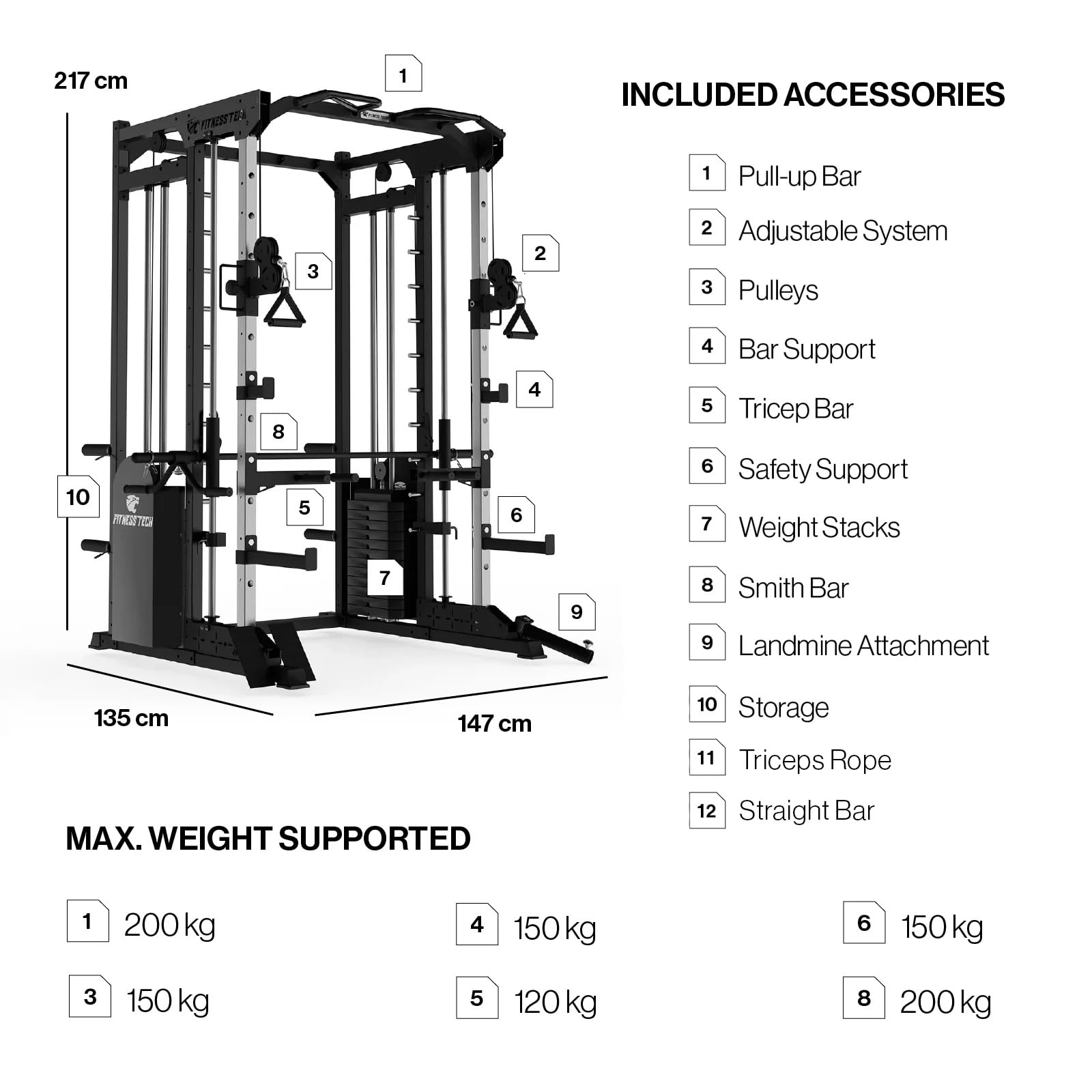 Smith Machine S8000, Máquina de musculación multifunción para Gimnasio en casa, Estación de Entrenamiento Completa con poleas y Pesas, 135 x 147 x 217 cm